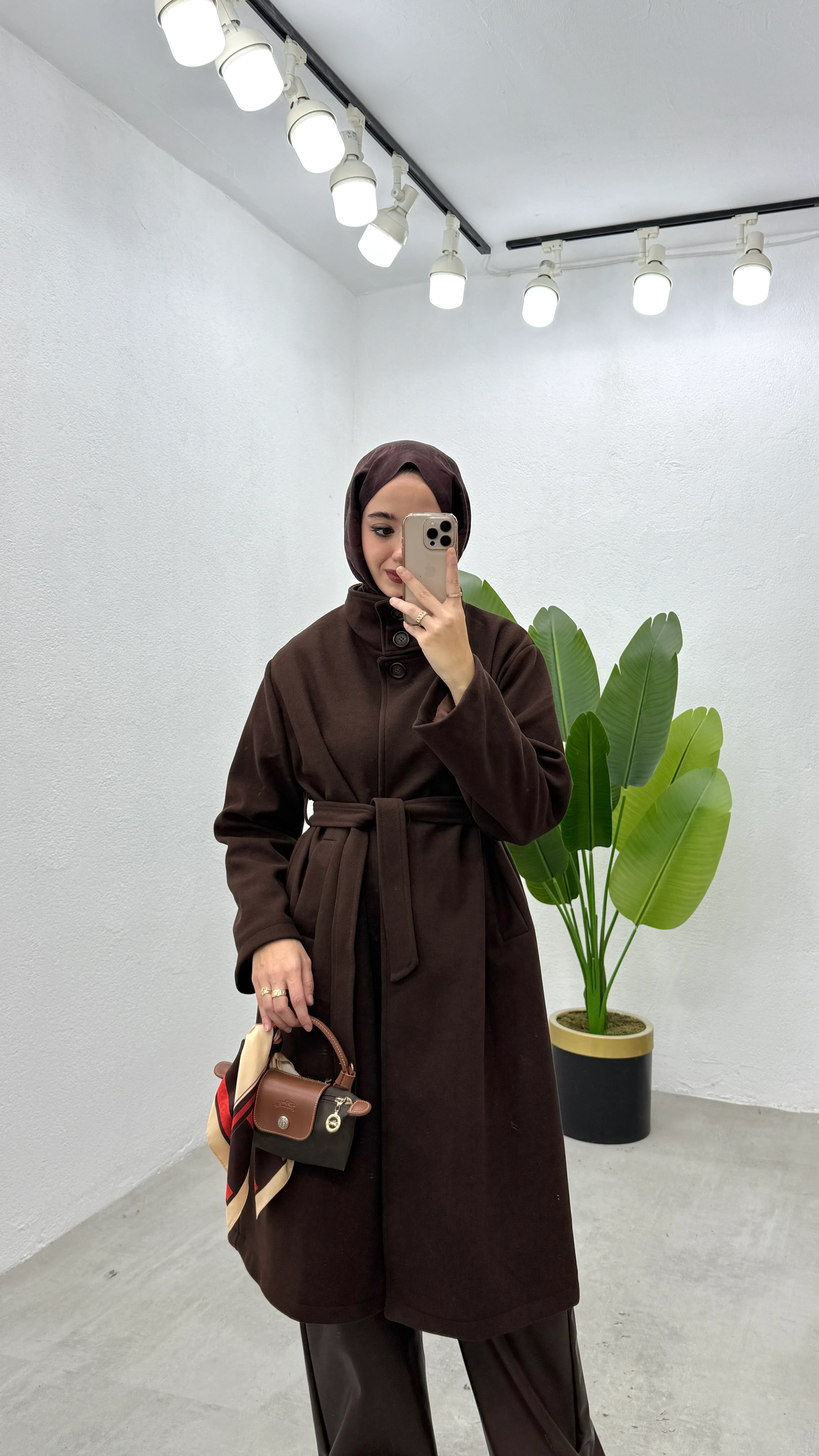 Uzun Dik Yaka Kaşe Kaban - Kahve