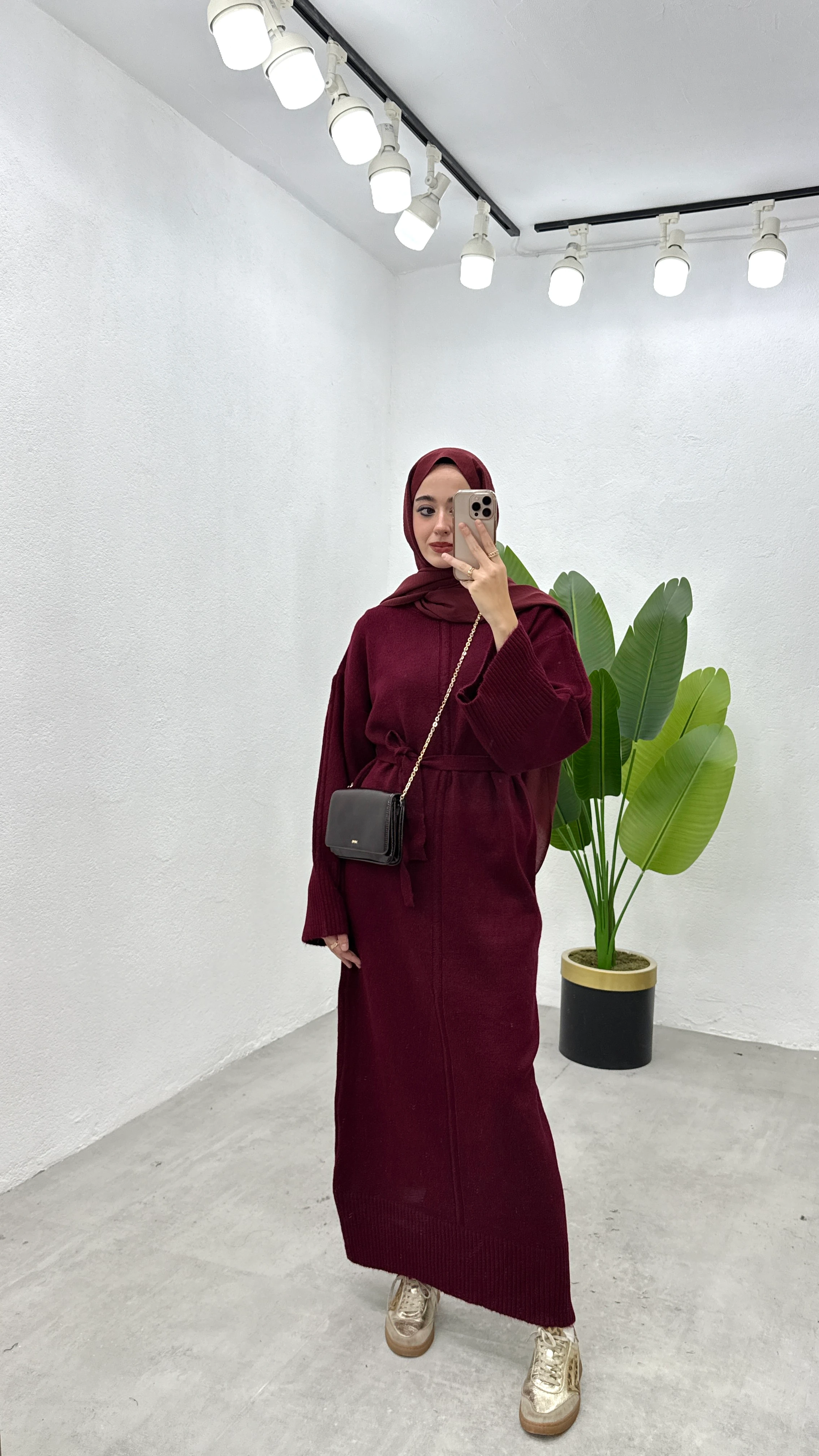 Basic Triko Elbise - Bordo