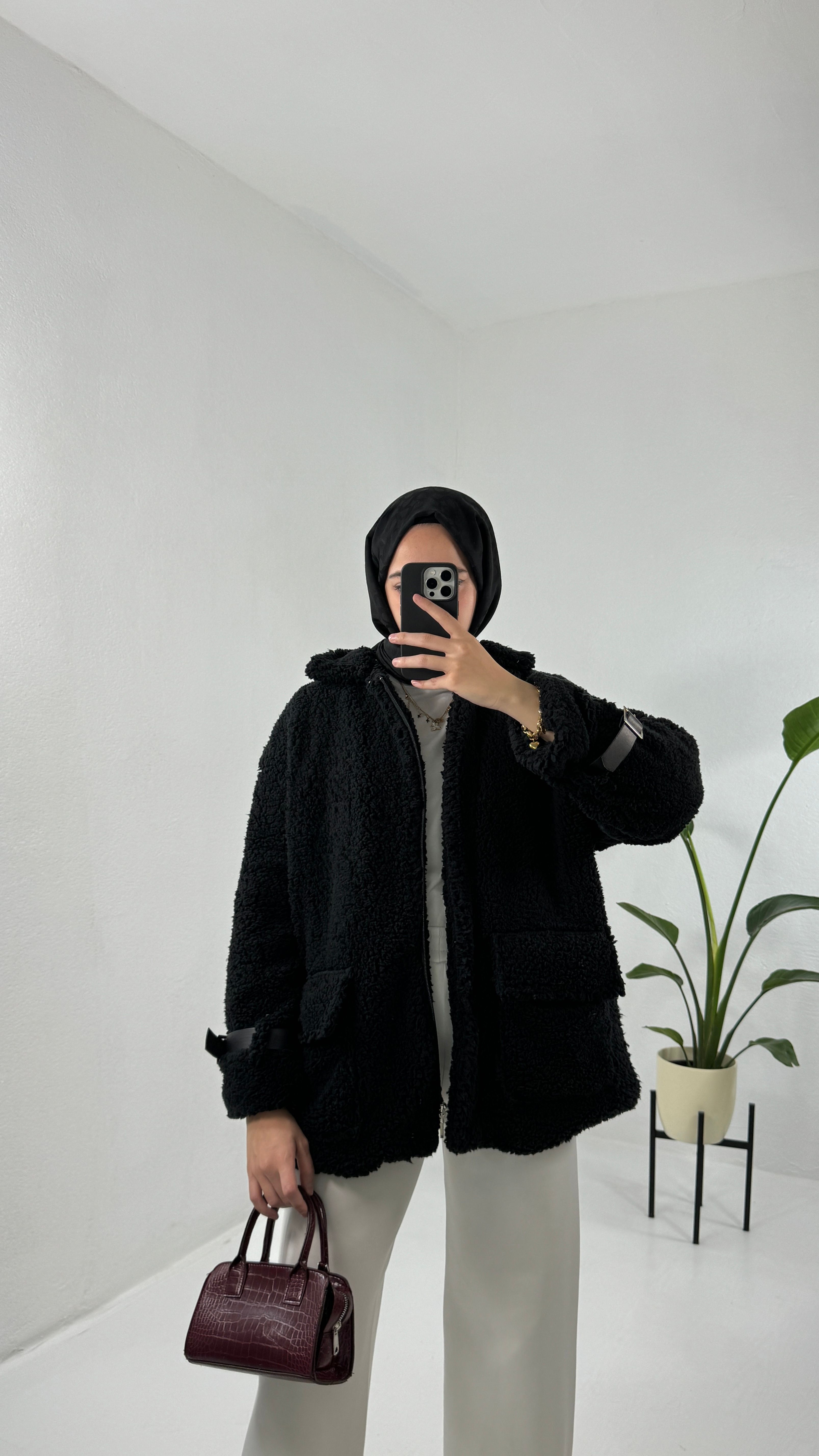 Soft Peluş Ceket Mont - Siyah