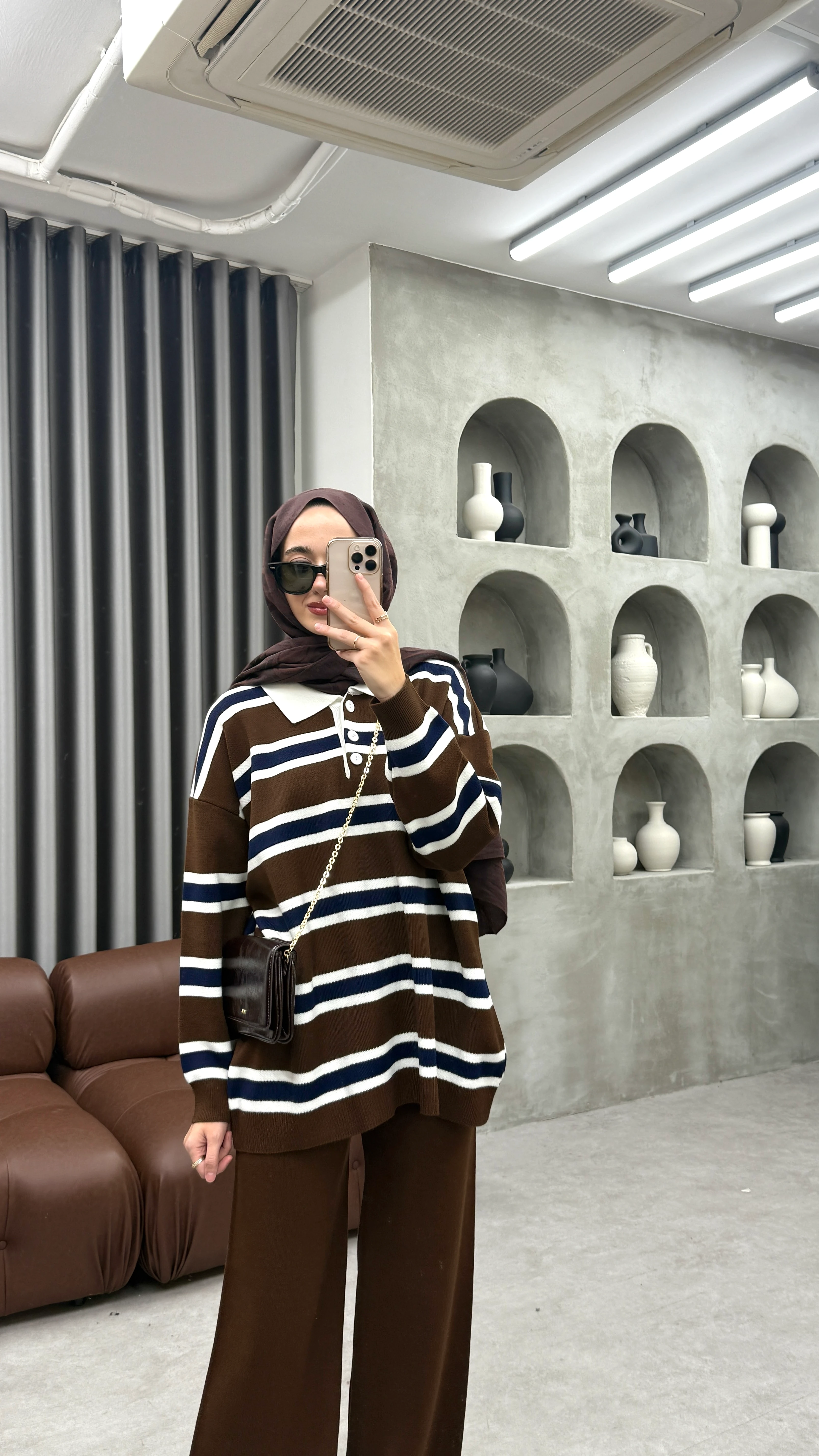 Çizgili Triko Takım - Kahve