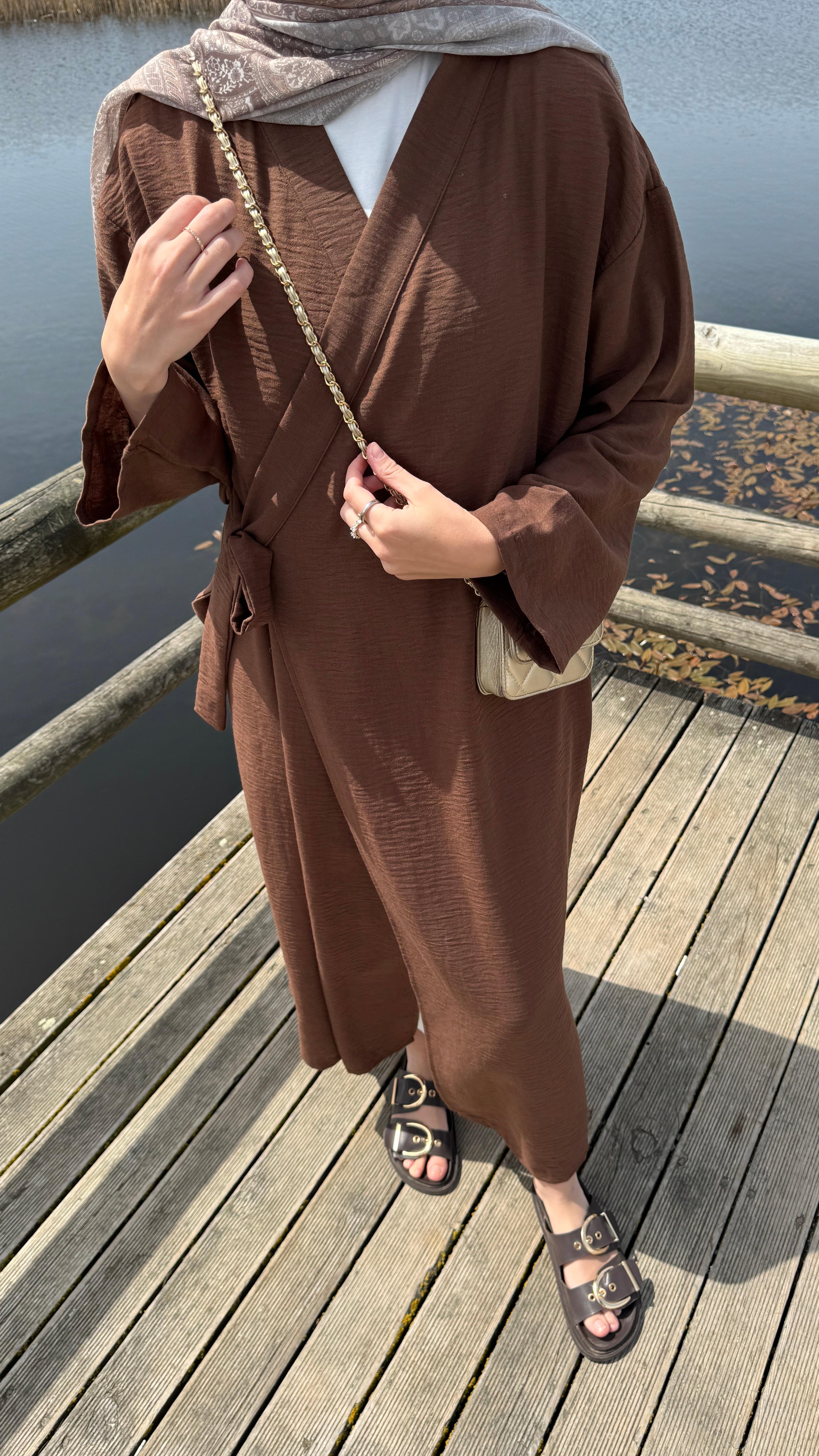 Keten Bağlamalı Abaya - Kahve