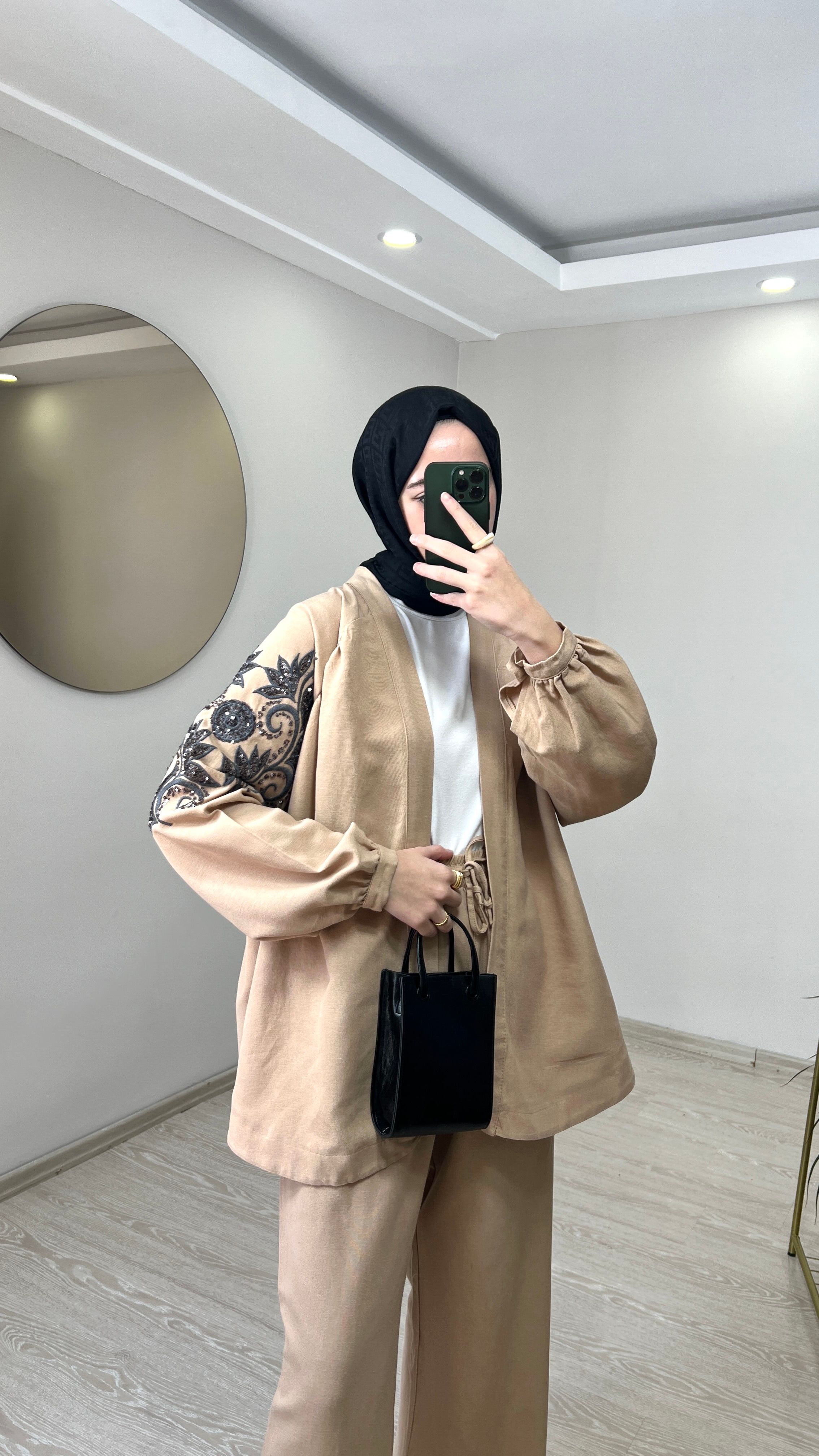 Zambak Desenli Keten Kimono - Camel