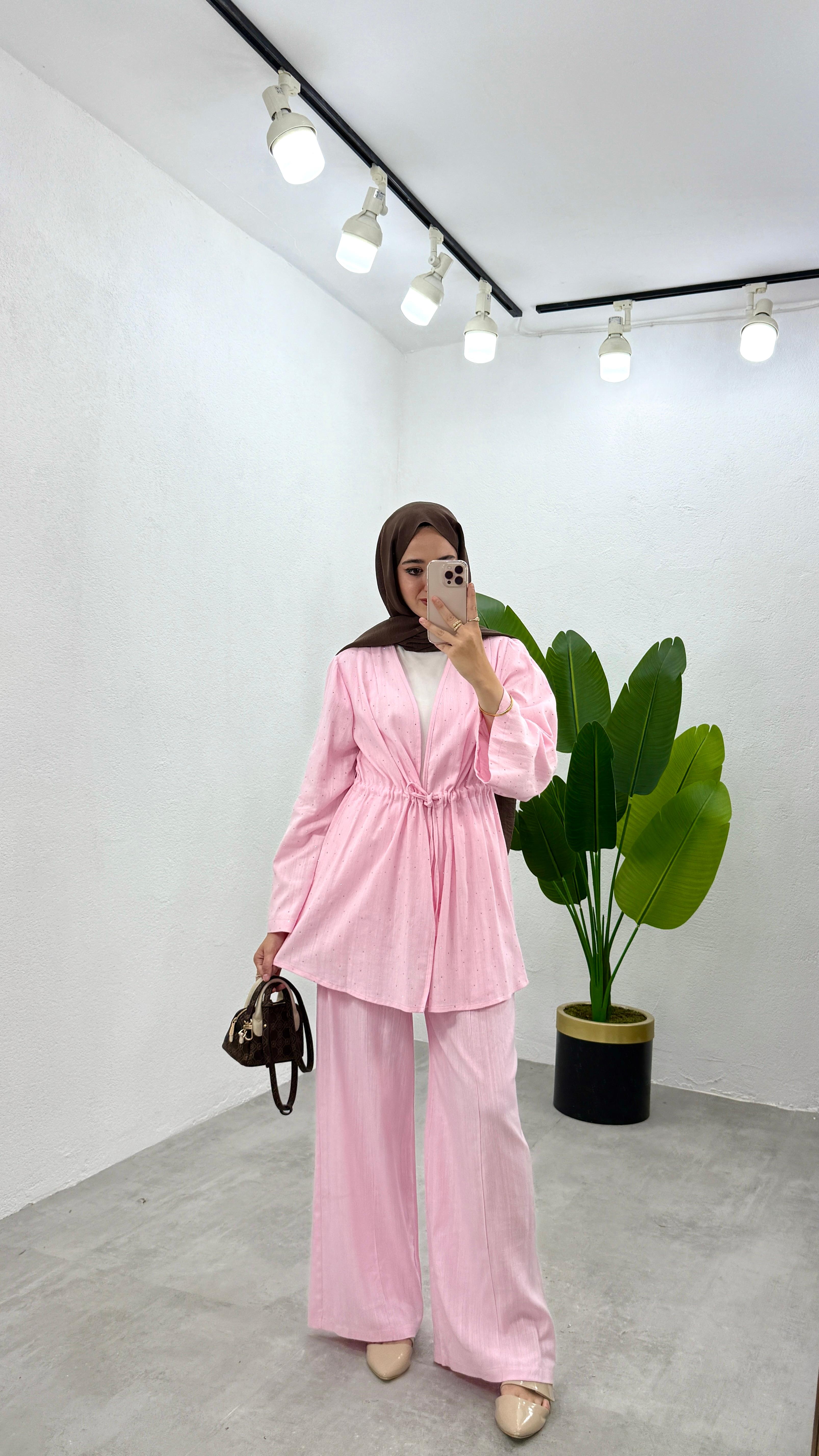 Taşlı Keten Kimono Takım - Pembe