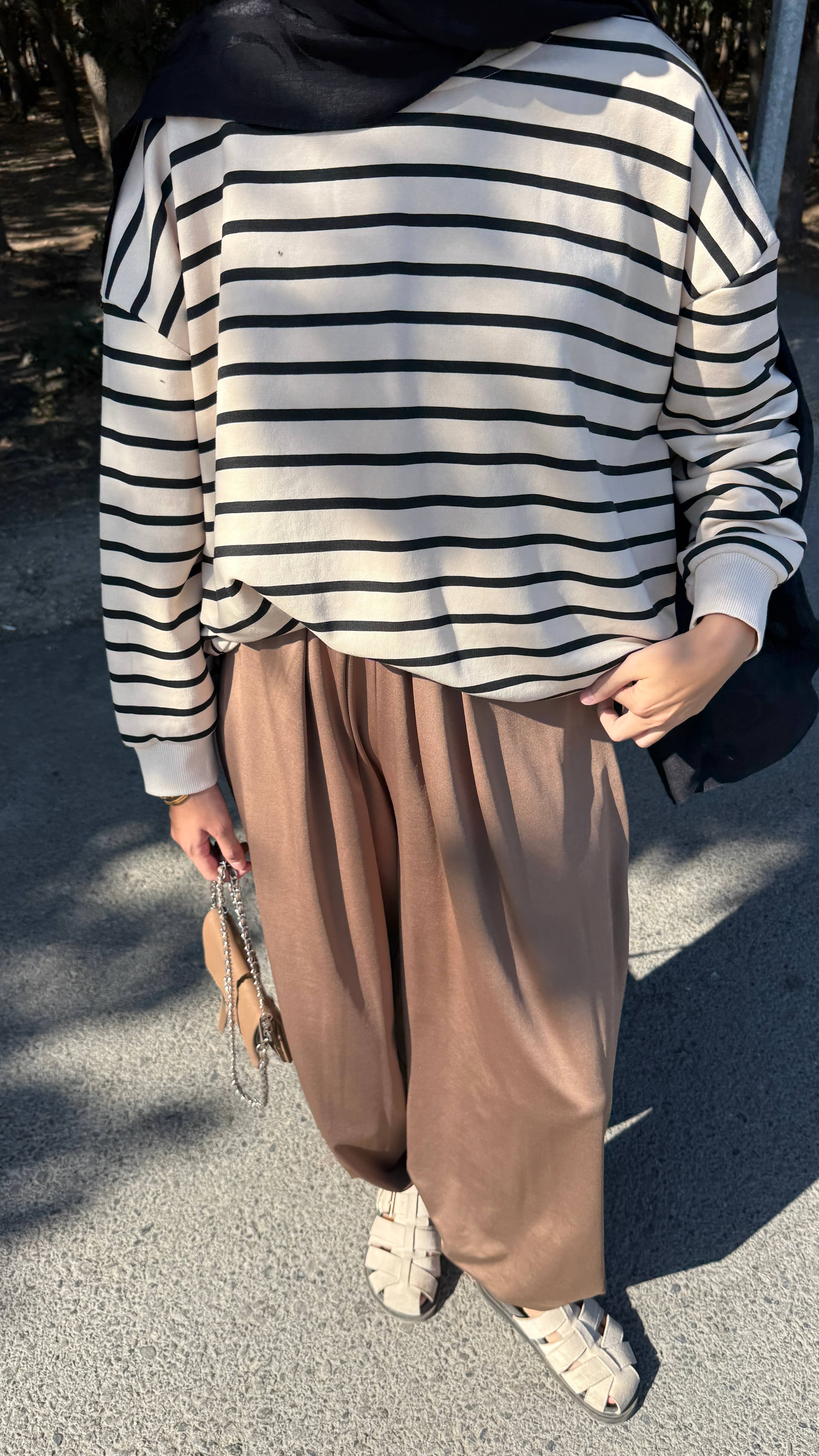 Çizgili Oversize Sweat - Siyah