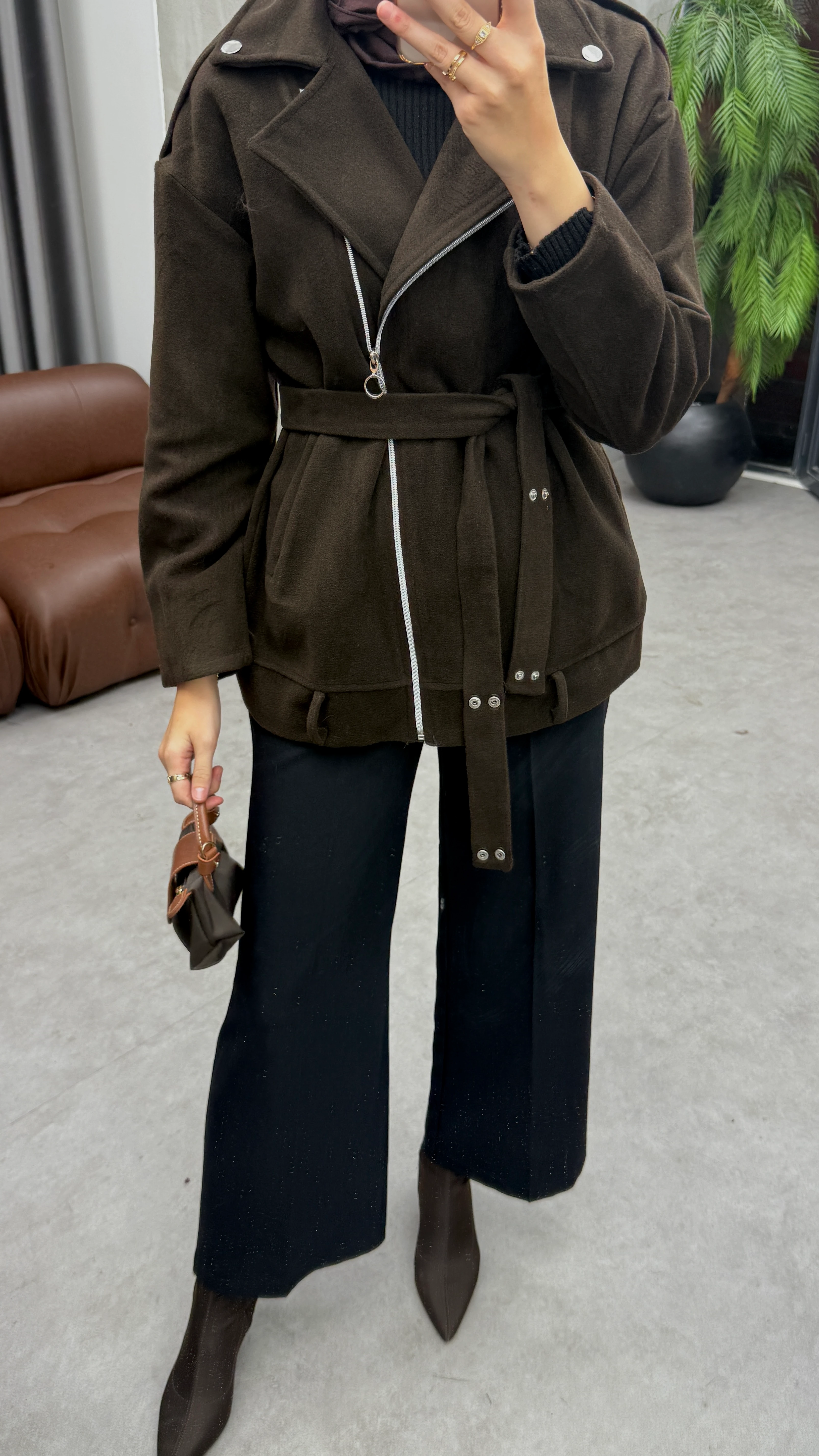 Fermuarlı Kaşe Ceket - Kahve