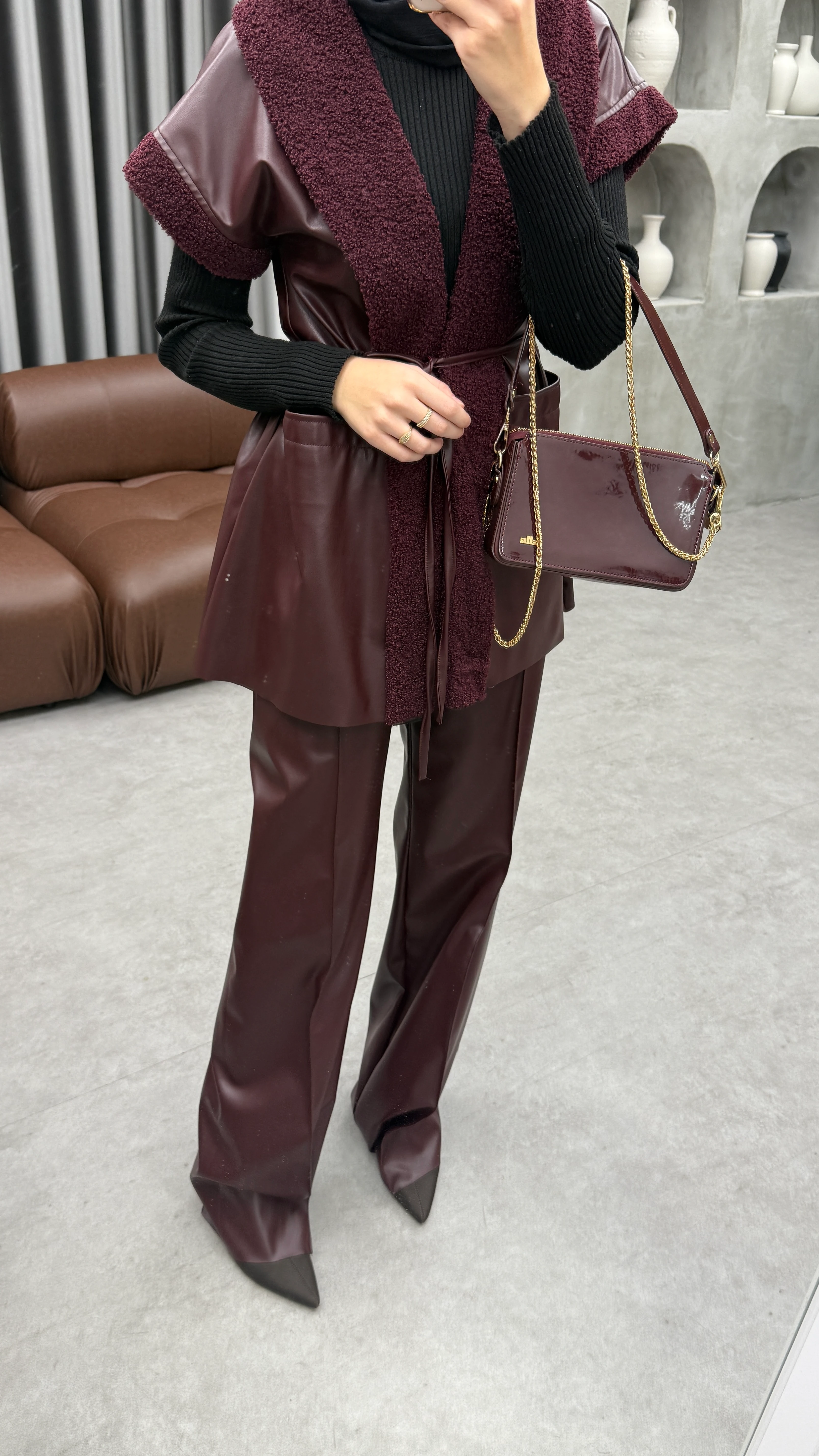 Deri Yelekli Takım - Bordo