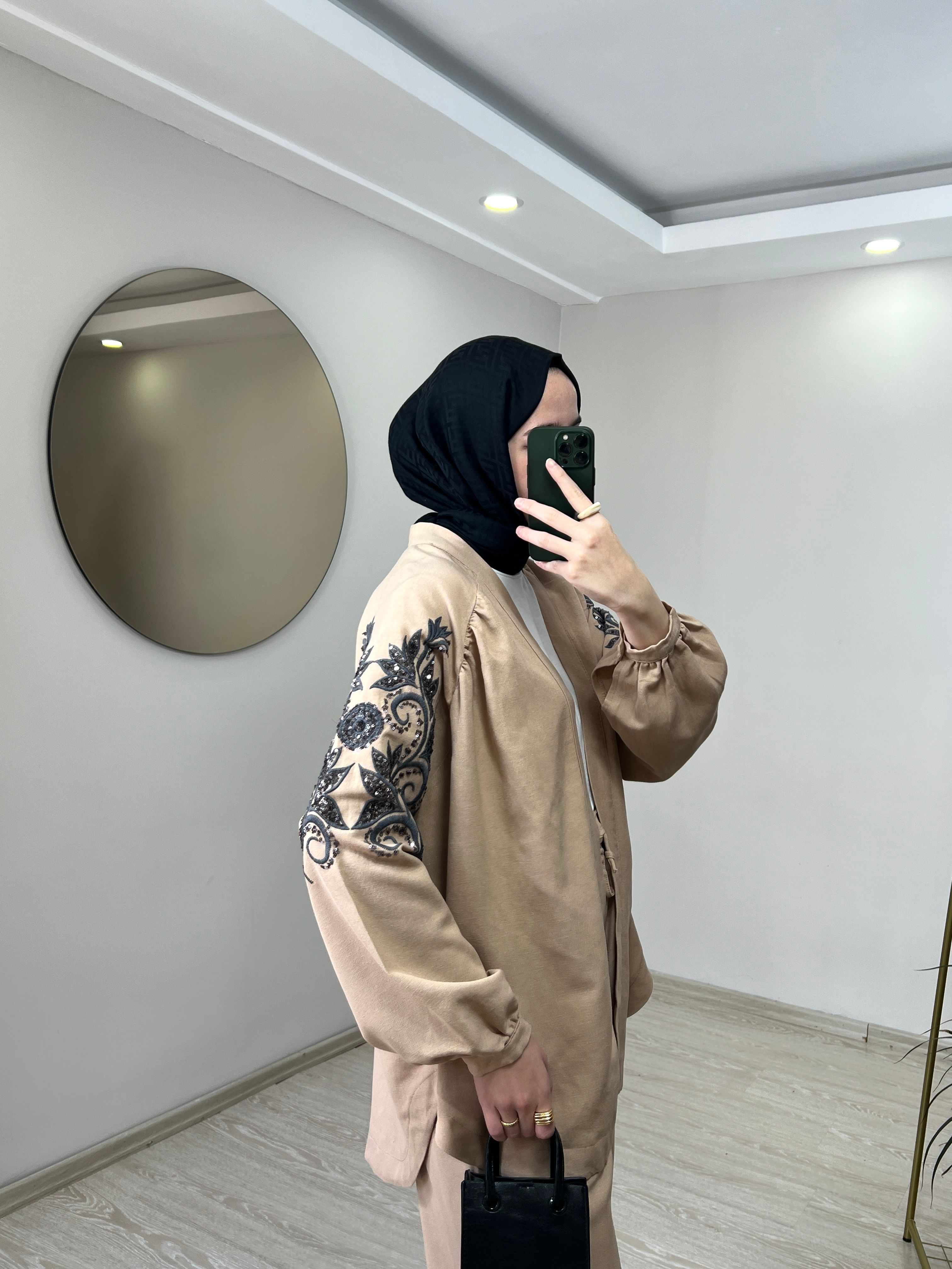 Zambak Desenli Keten Kimono - Camel