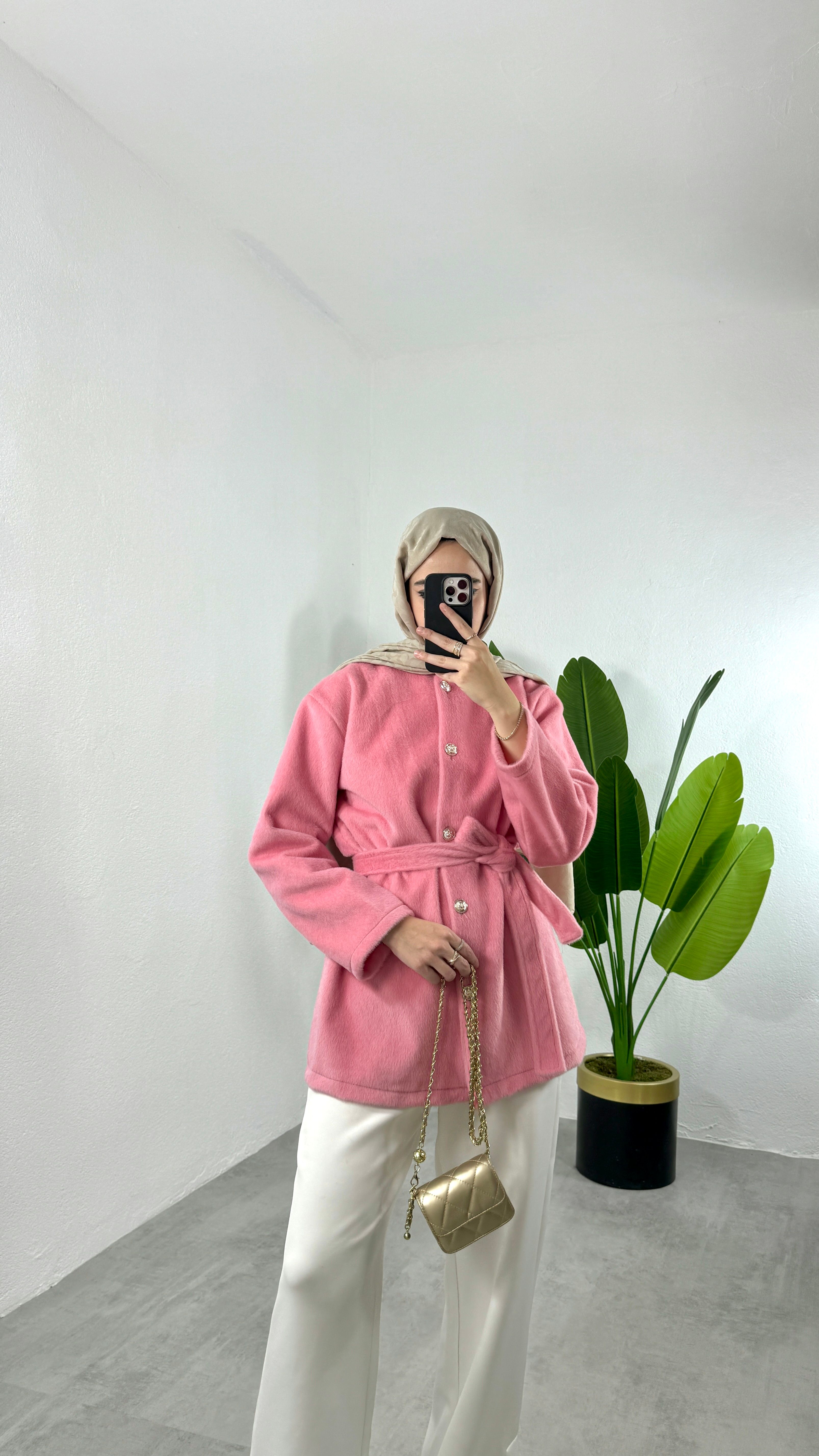 Kemerli Kaban Ceket - Pembe