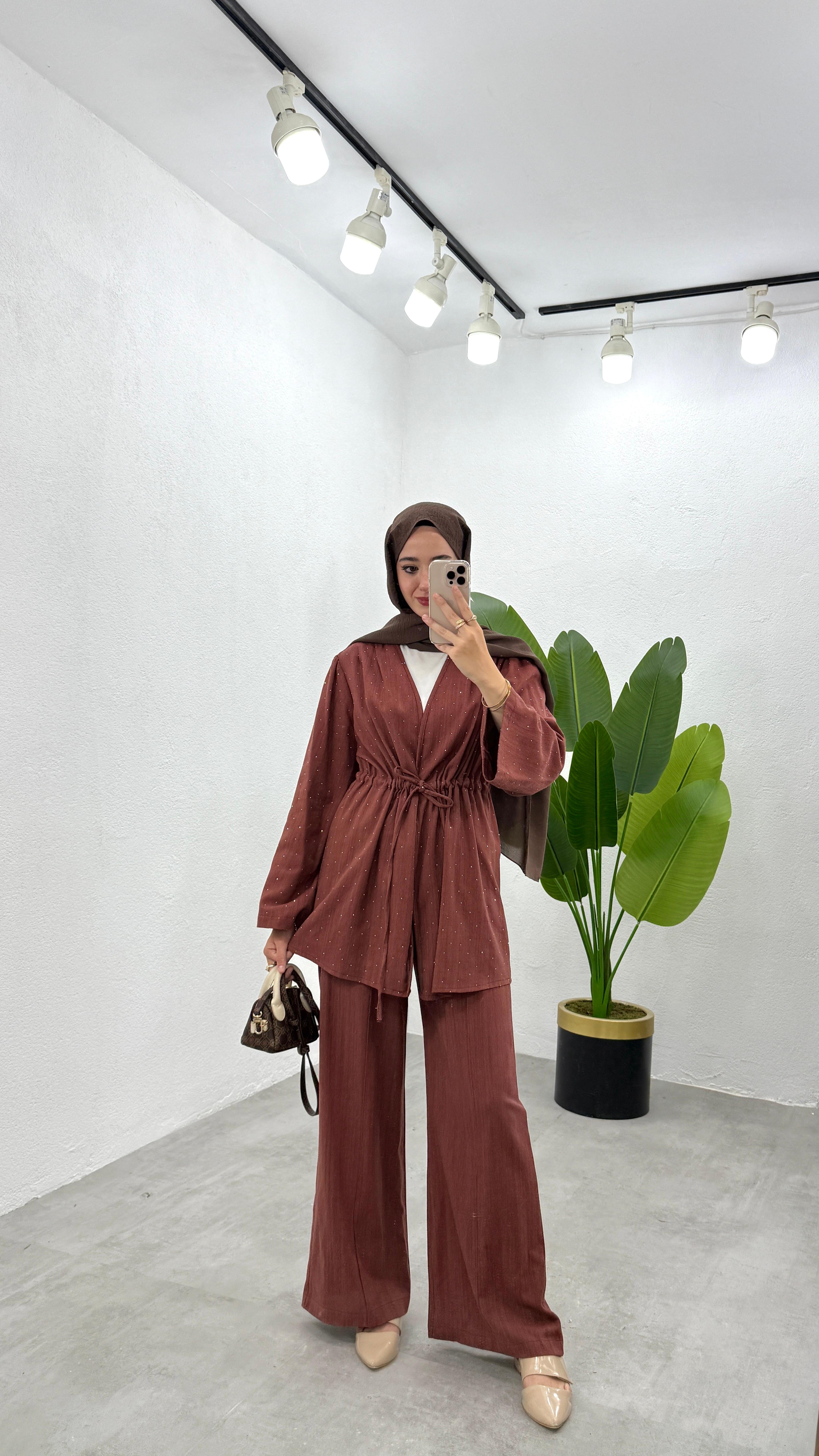 Taşlı Keten Kimono Takım - Kiremit