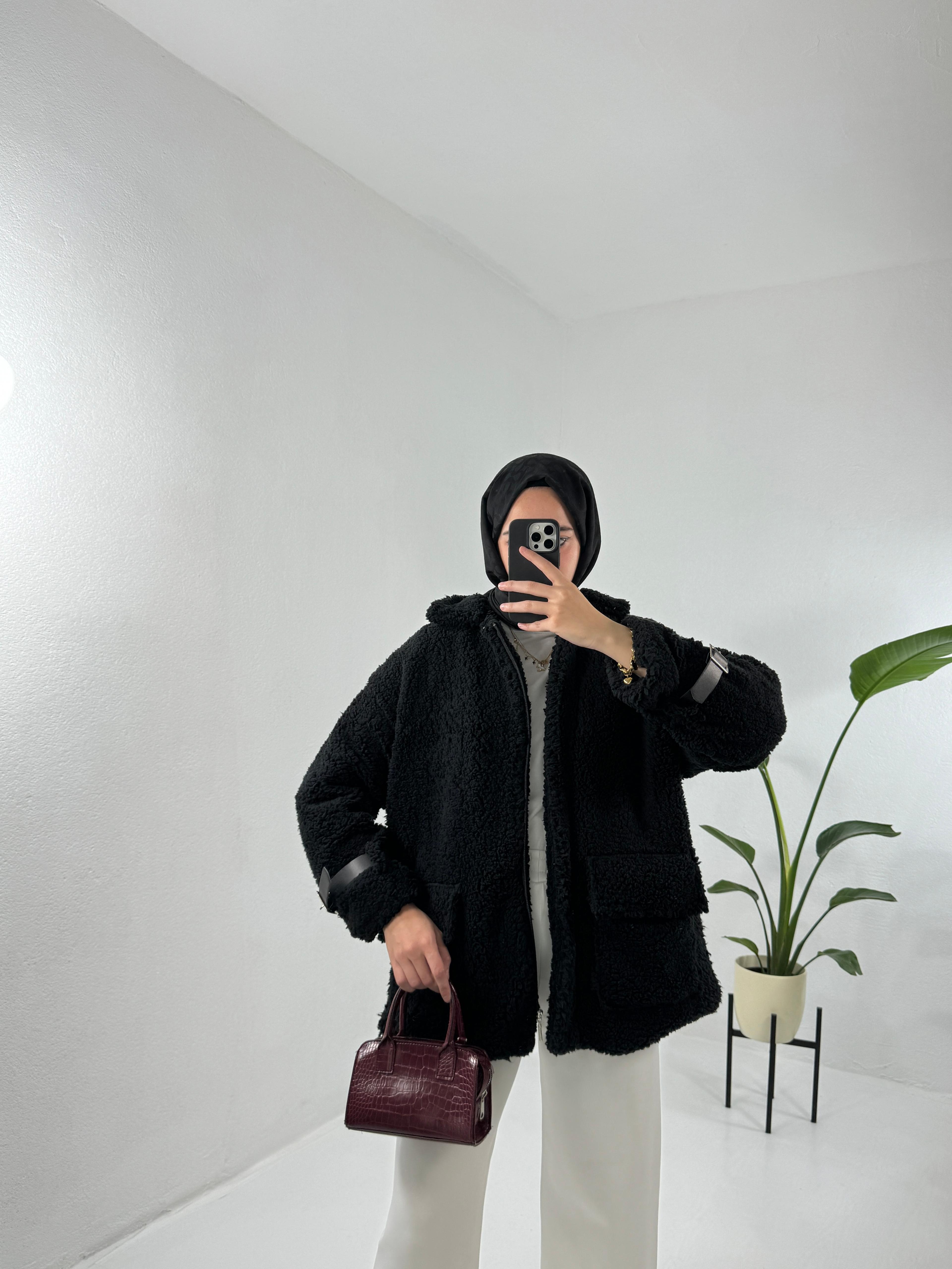 Soft Peluş Ceket Mont - Siyah