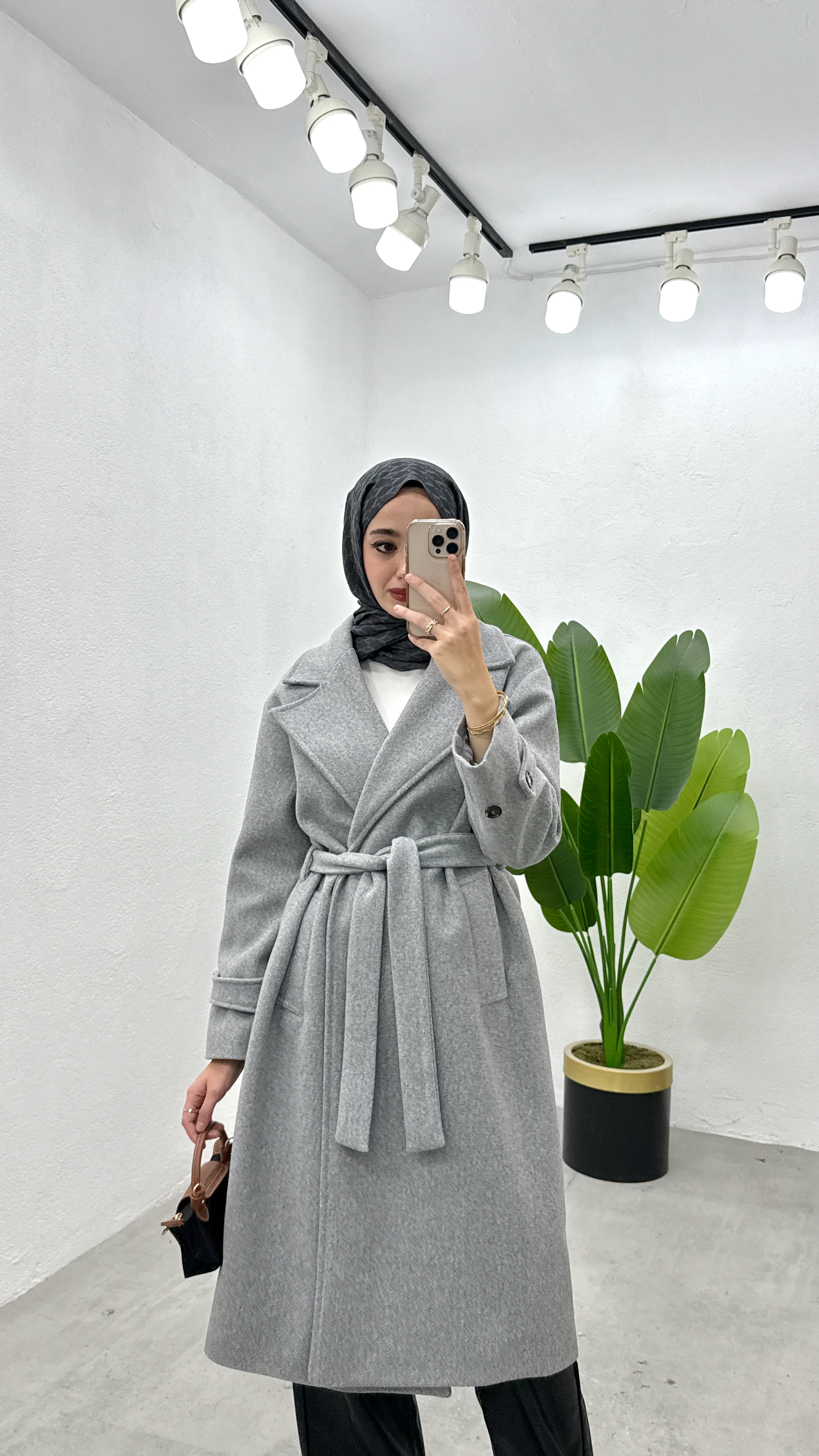 Kemerli Kaşe Kaban - Gri