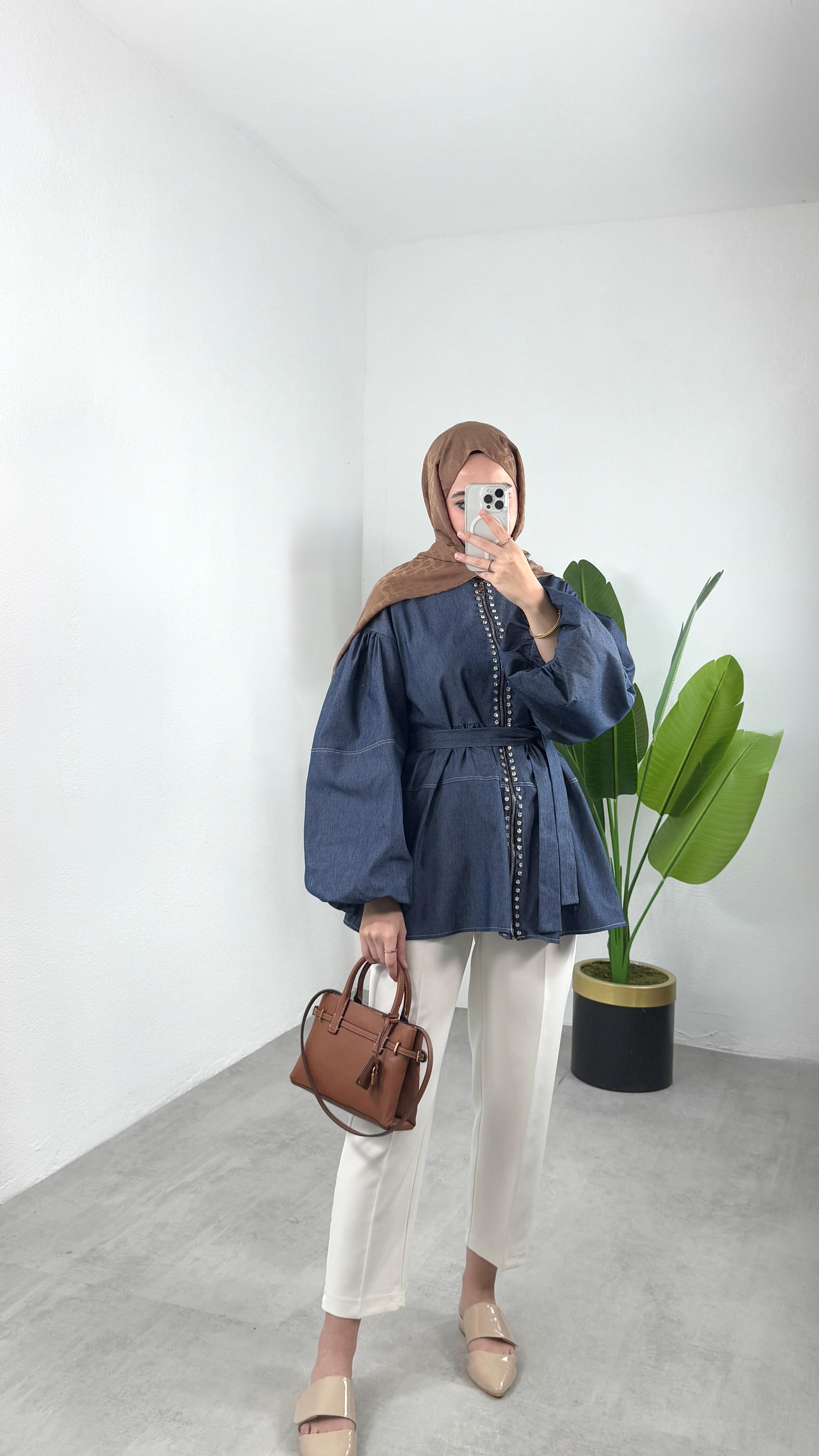 Taşlı Balon Kol Denim Ceket - Açık Kot