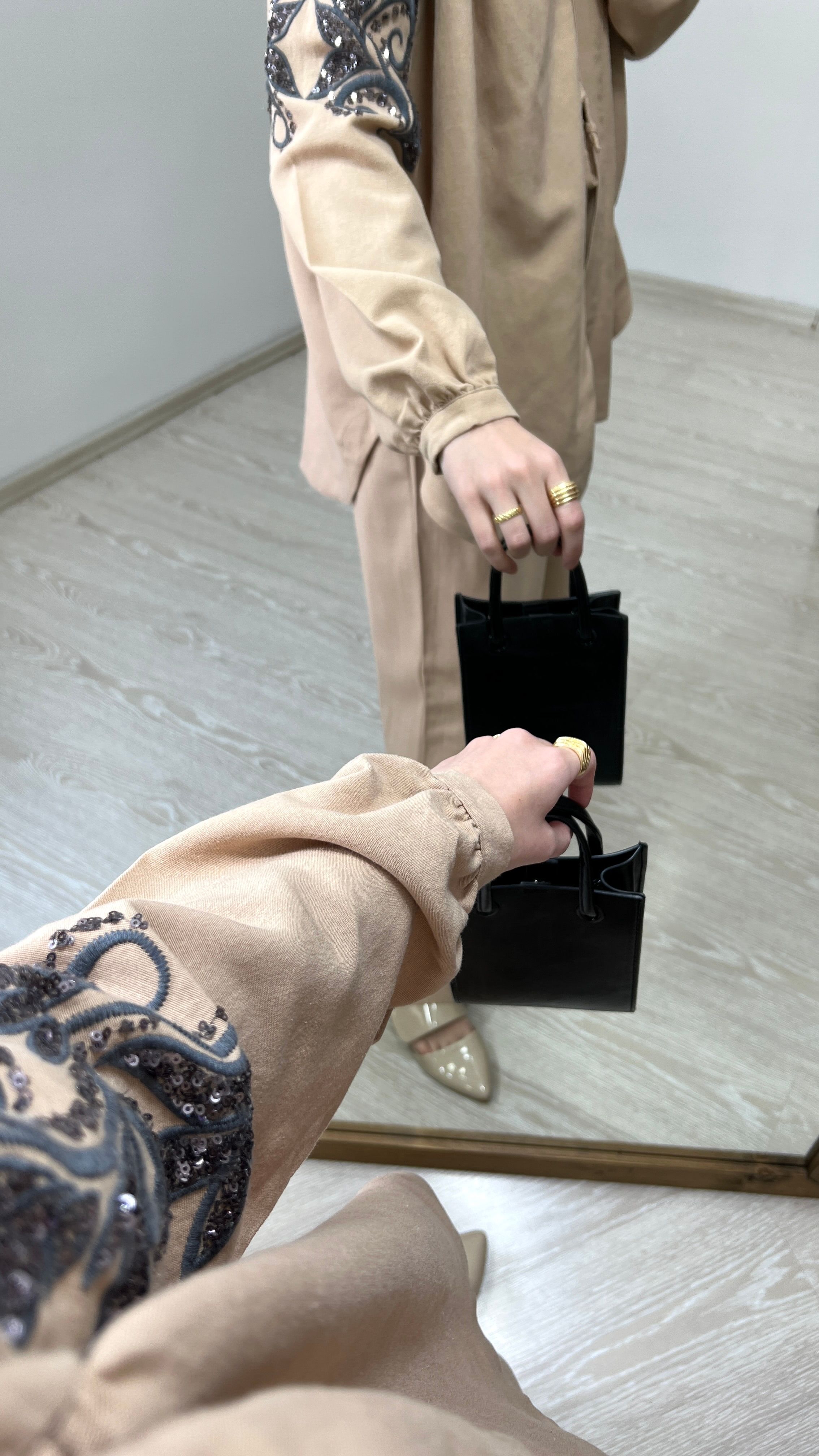 Zambak Desenli Keten Kimono - Camel