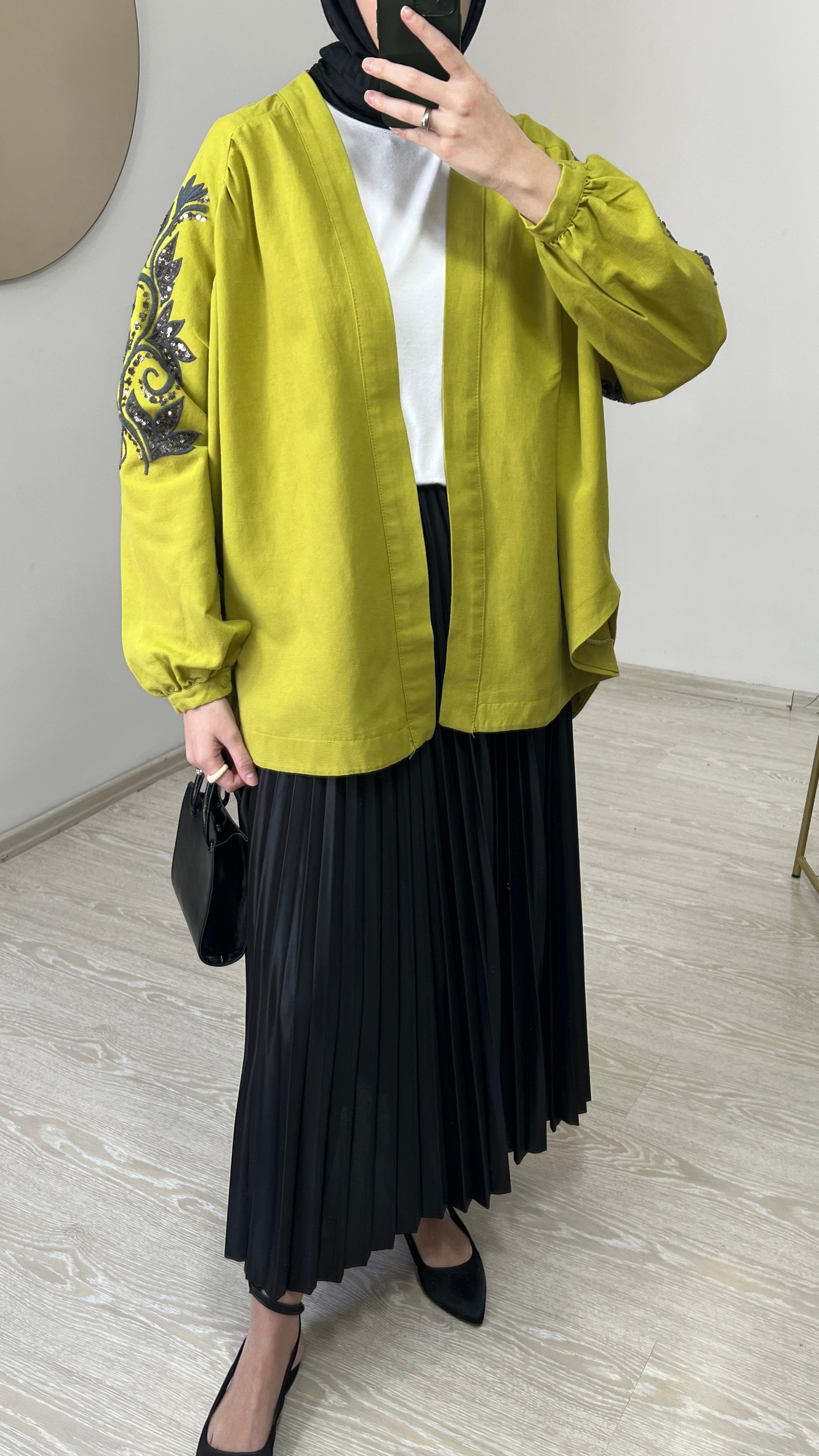 Zambak Desenli Keten Kimono - Yağ Yeşili