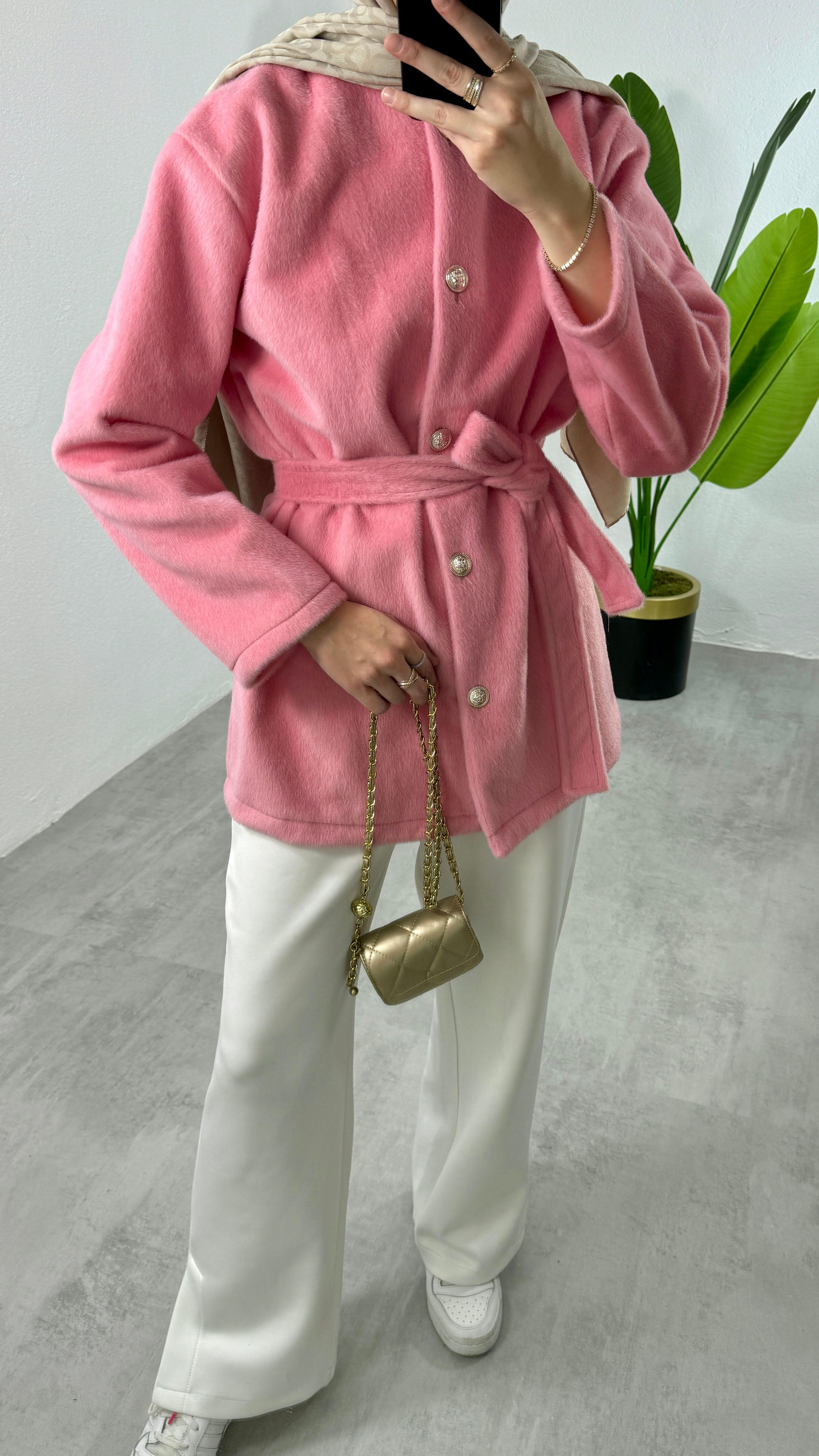 Kemerli Kaban Ceket - Pembe