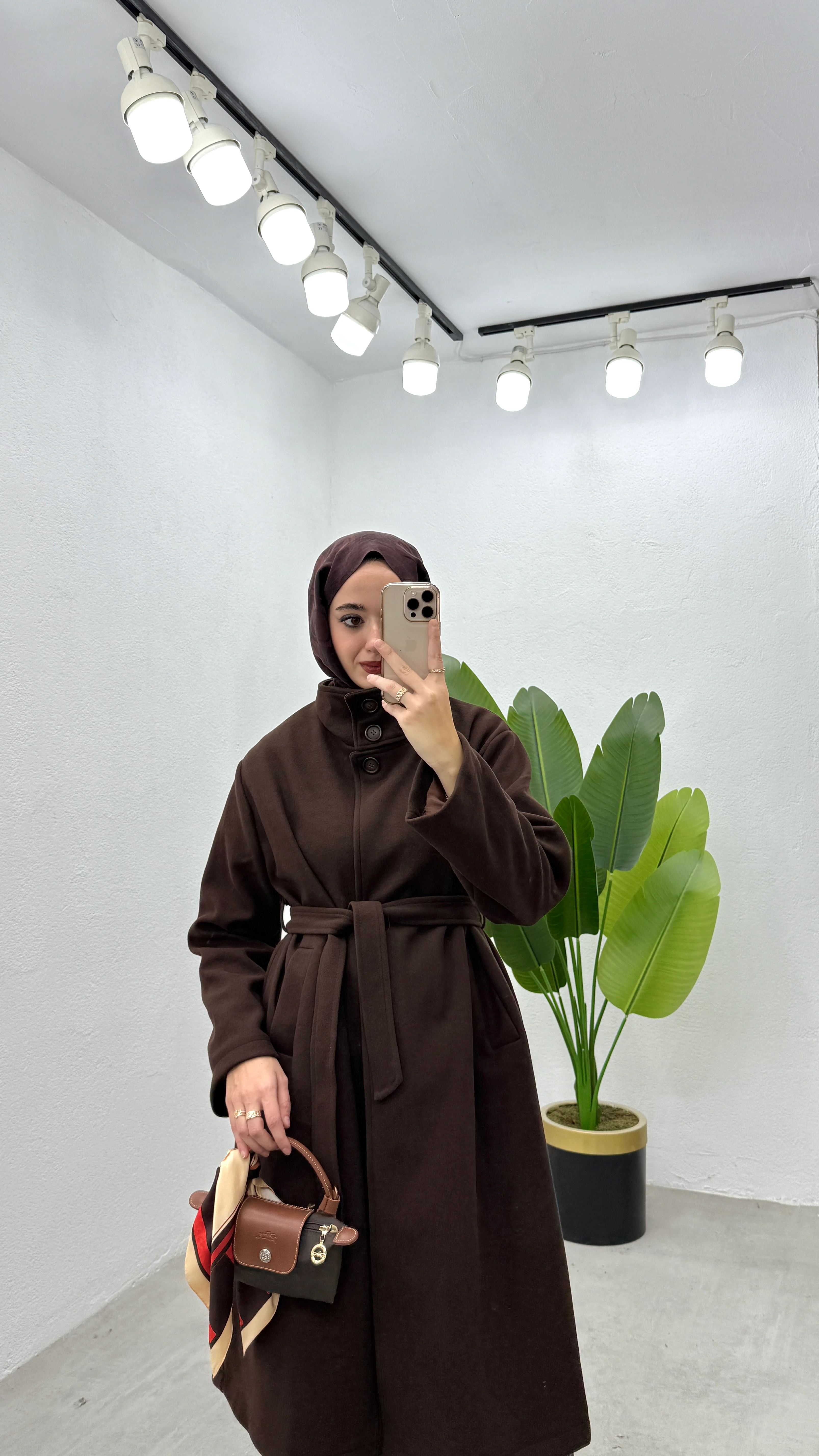 Uzun Dik Yaka Kaşe Kaban - Kahve