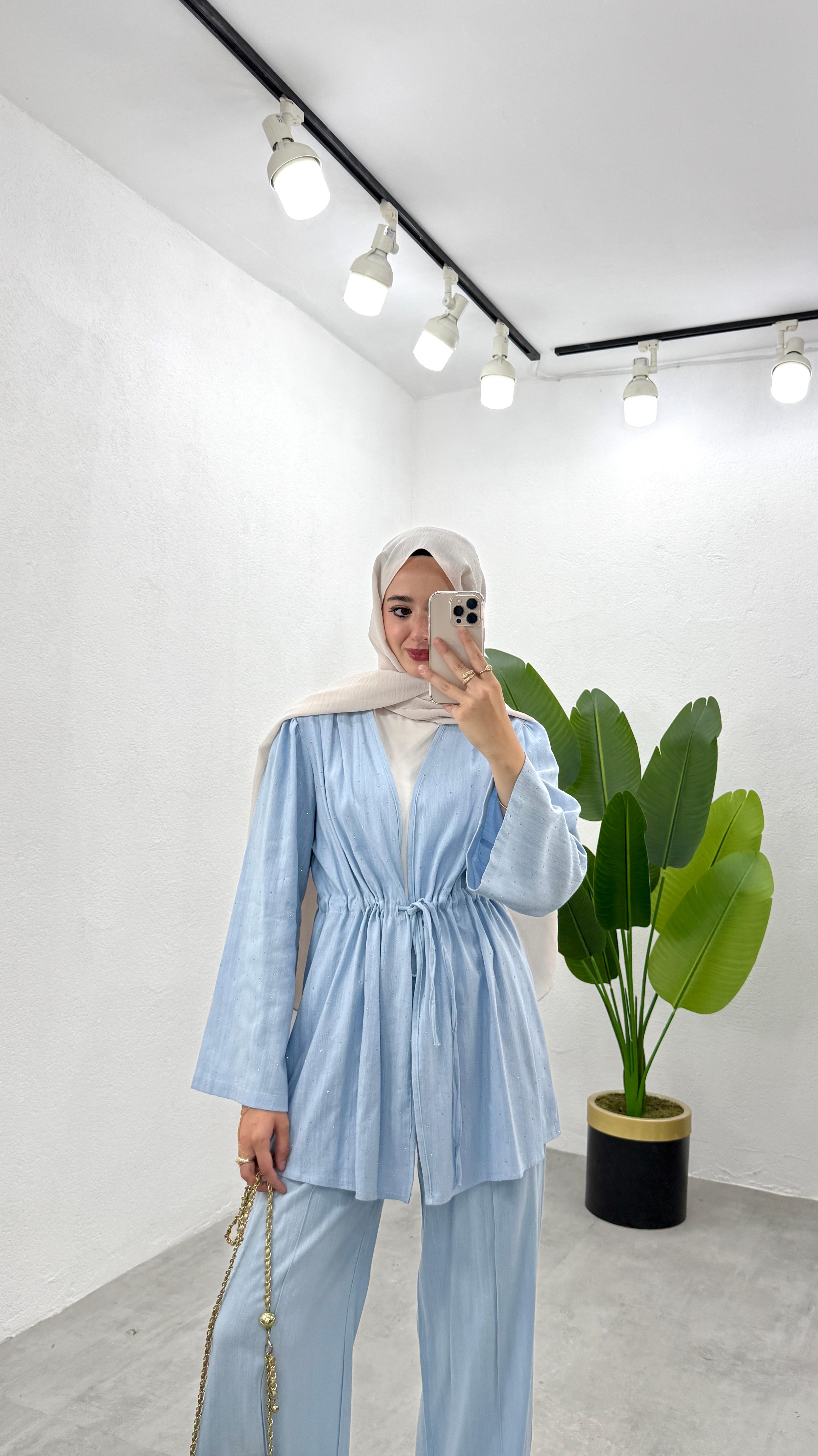 Taşlı Keten Kimono Takım - Mavi