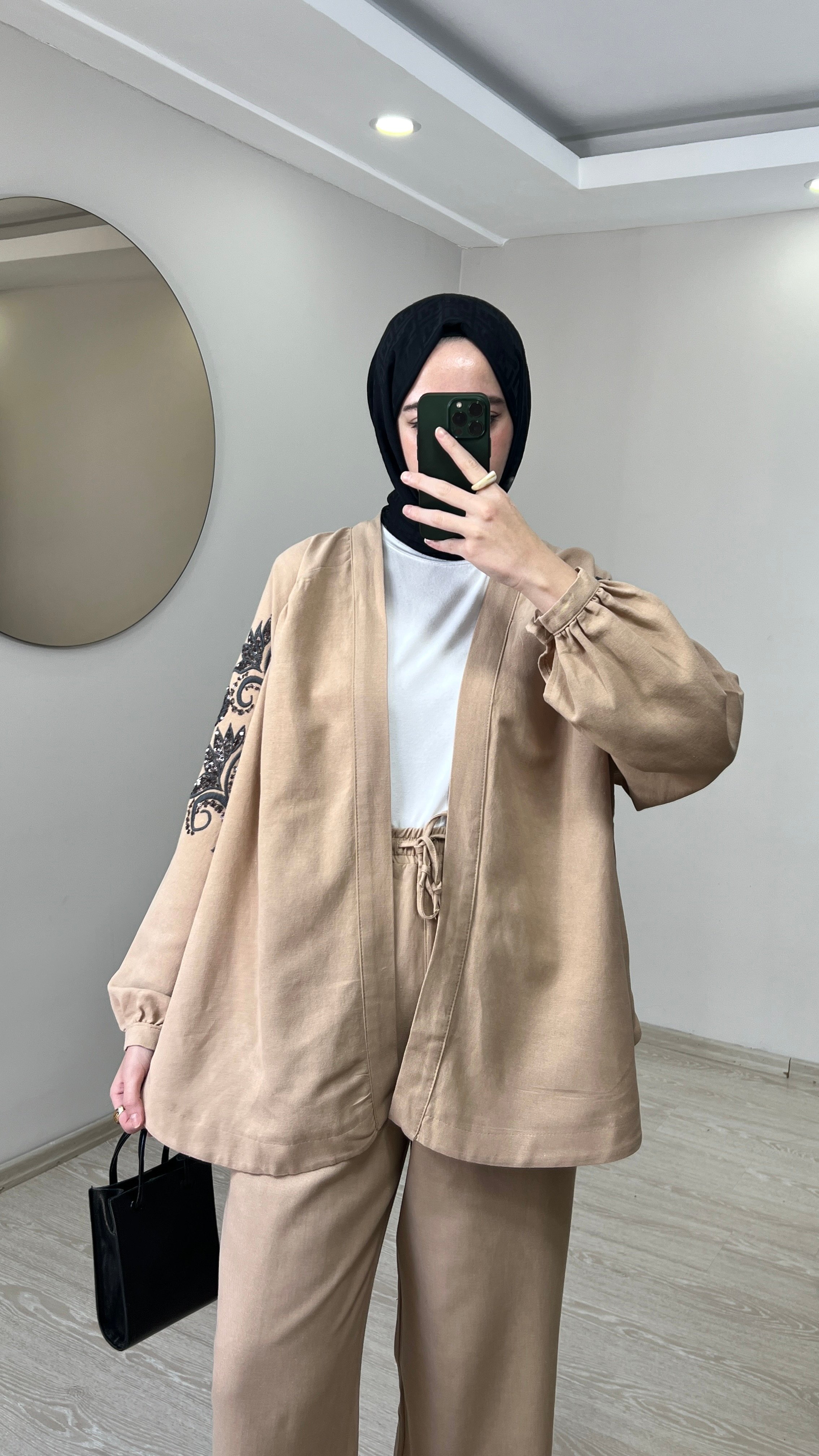 Zambak Desenli Keten Kimono - Camel