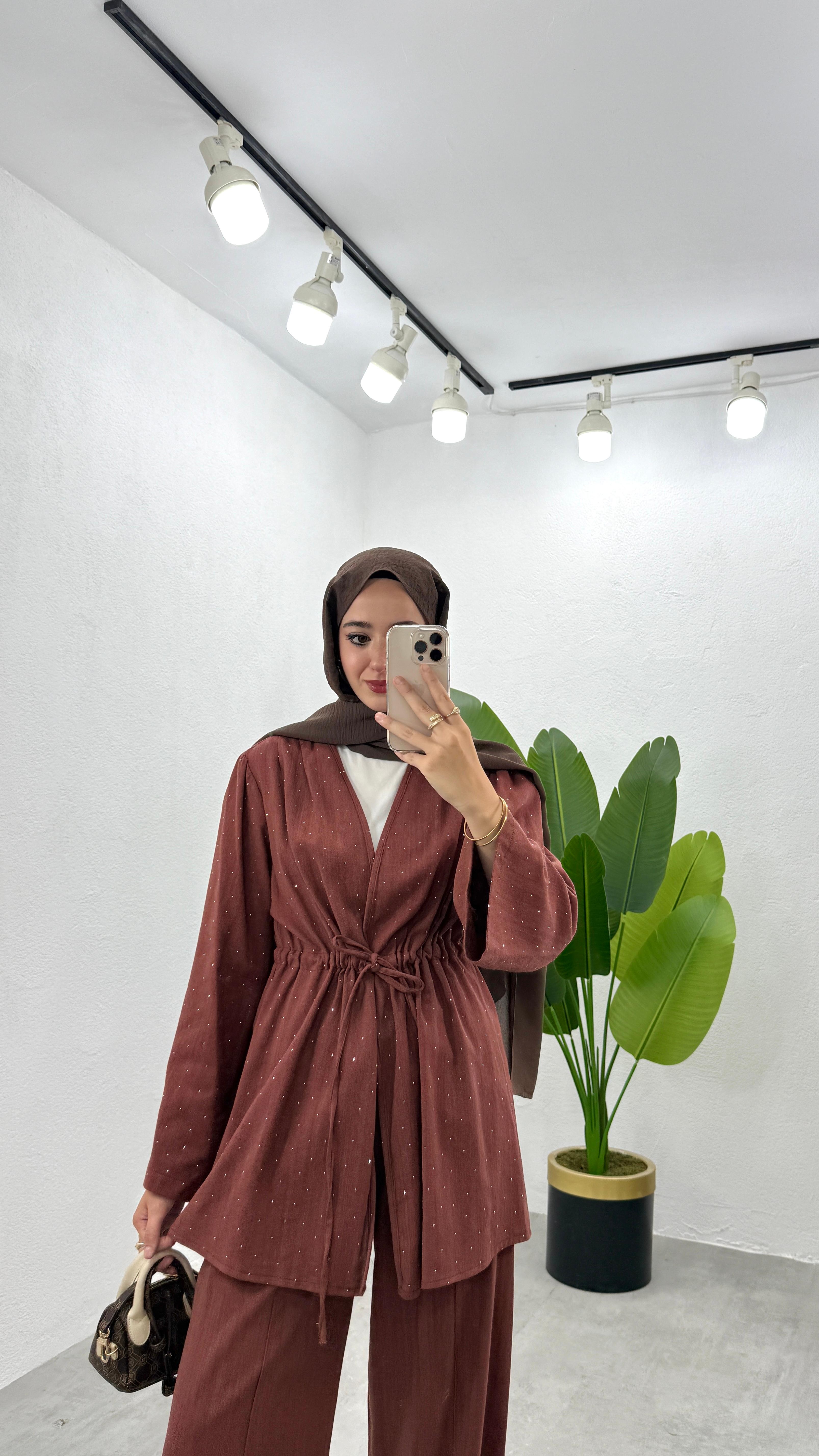 Taşlı Keten Kimono Takım - Kiremit