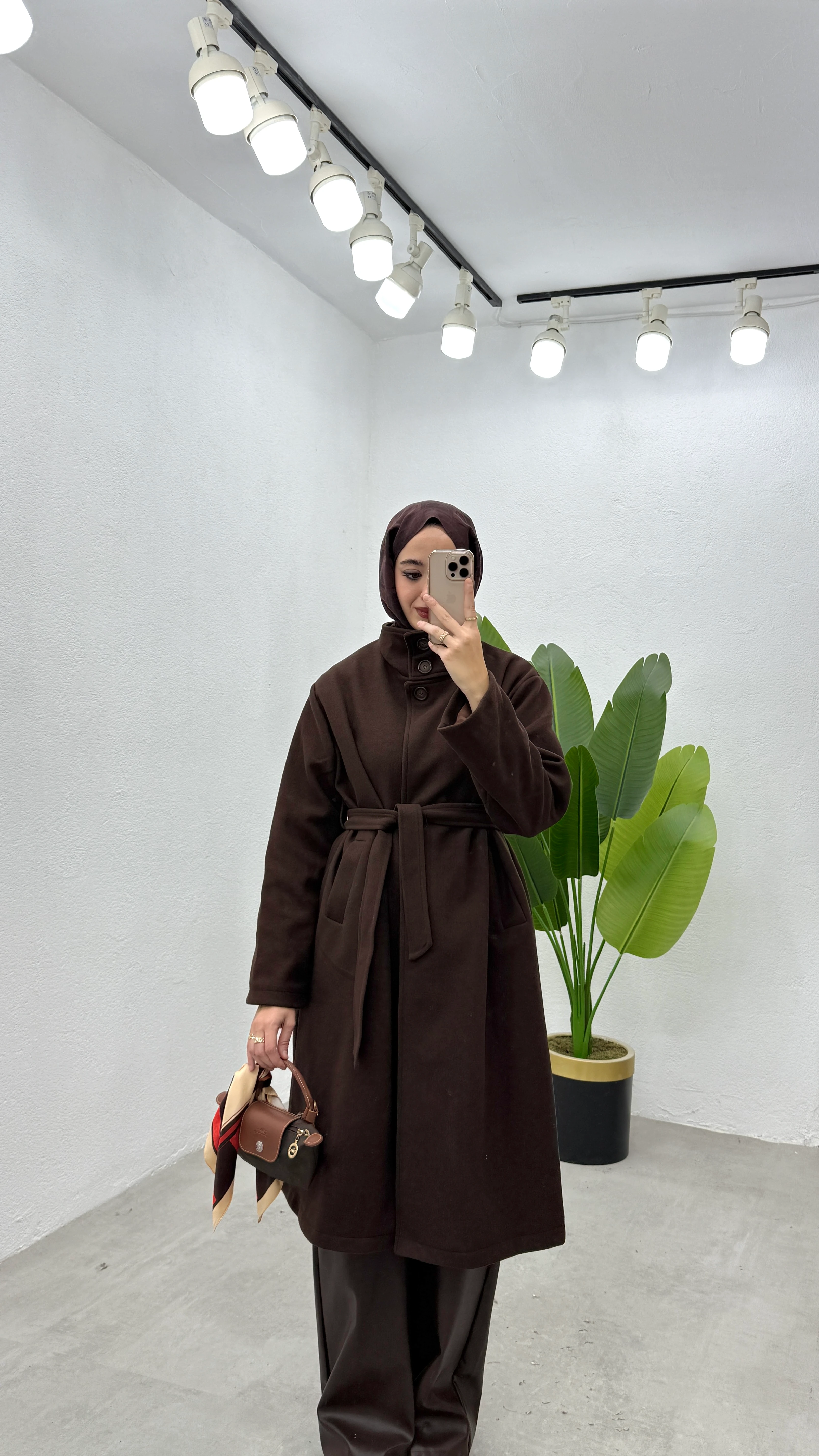 Uzun Dik Yaka Kaşe Kaban - Kahve