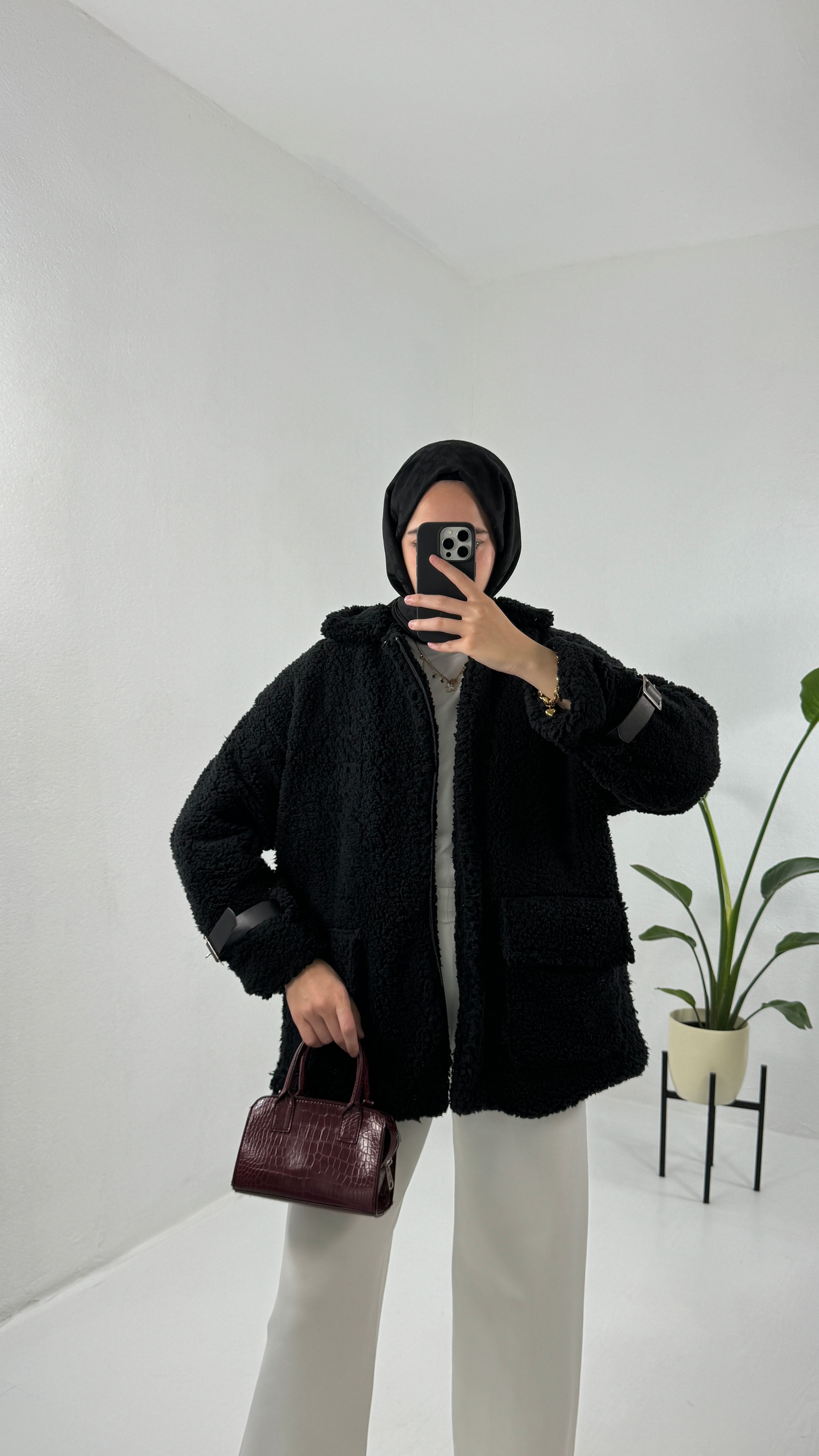 Soft Peluş Ceket Mont - Siyah