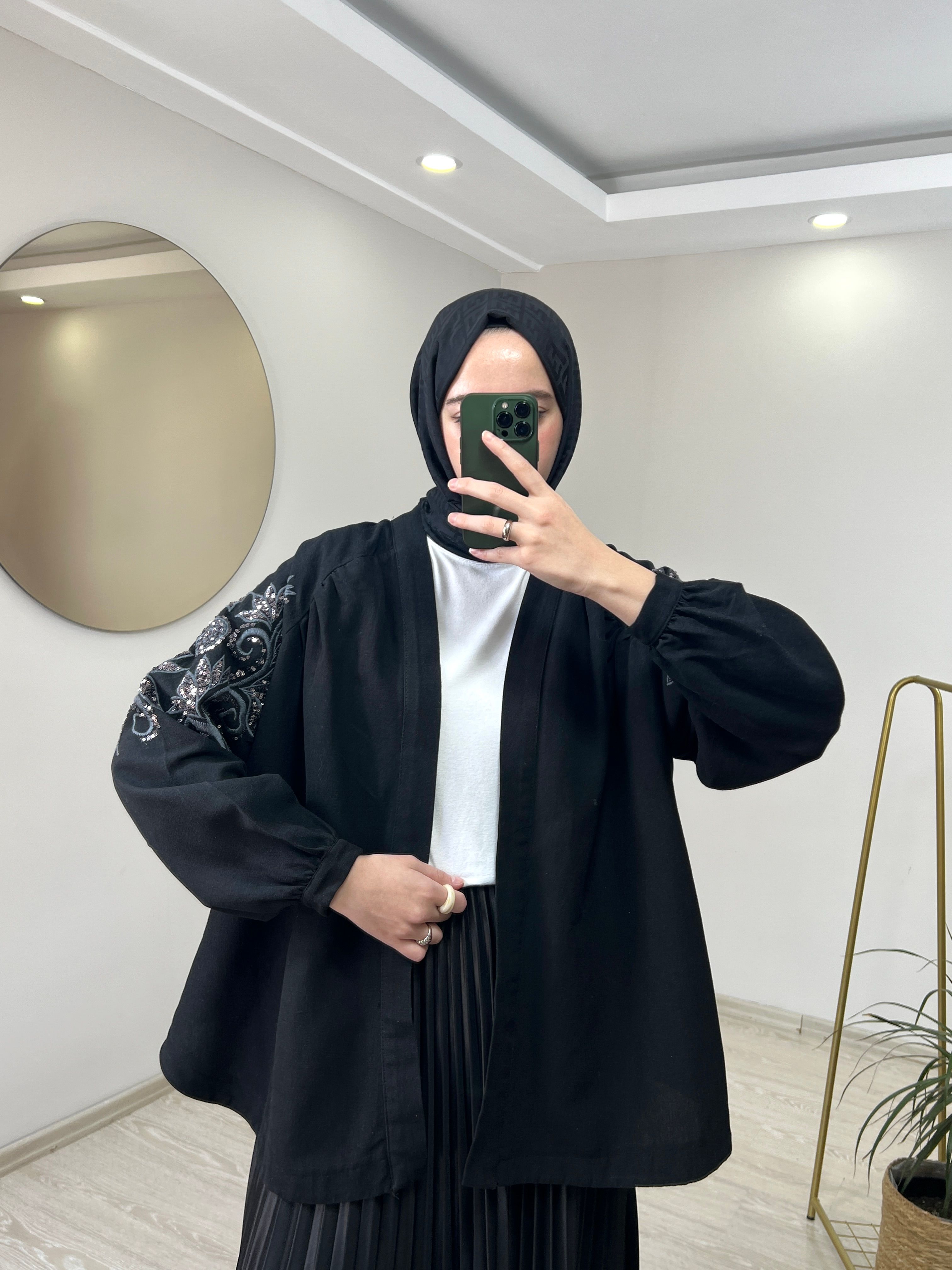 Zambak Desenli Keten Kimono - Siyah