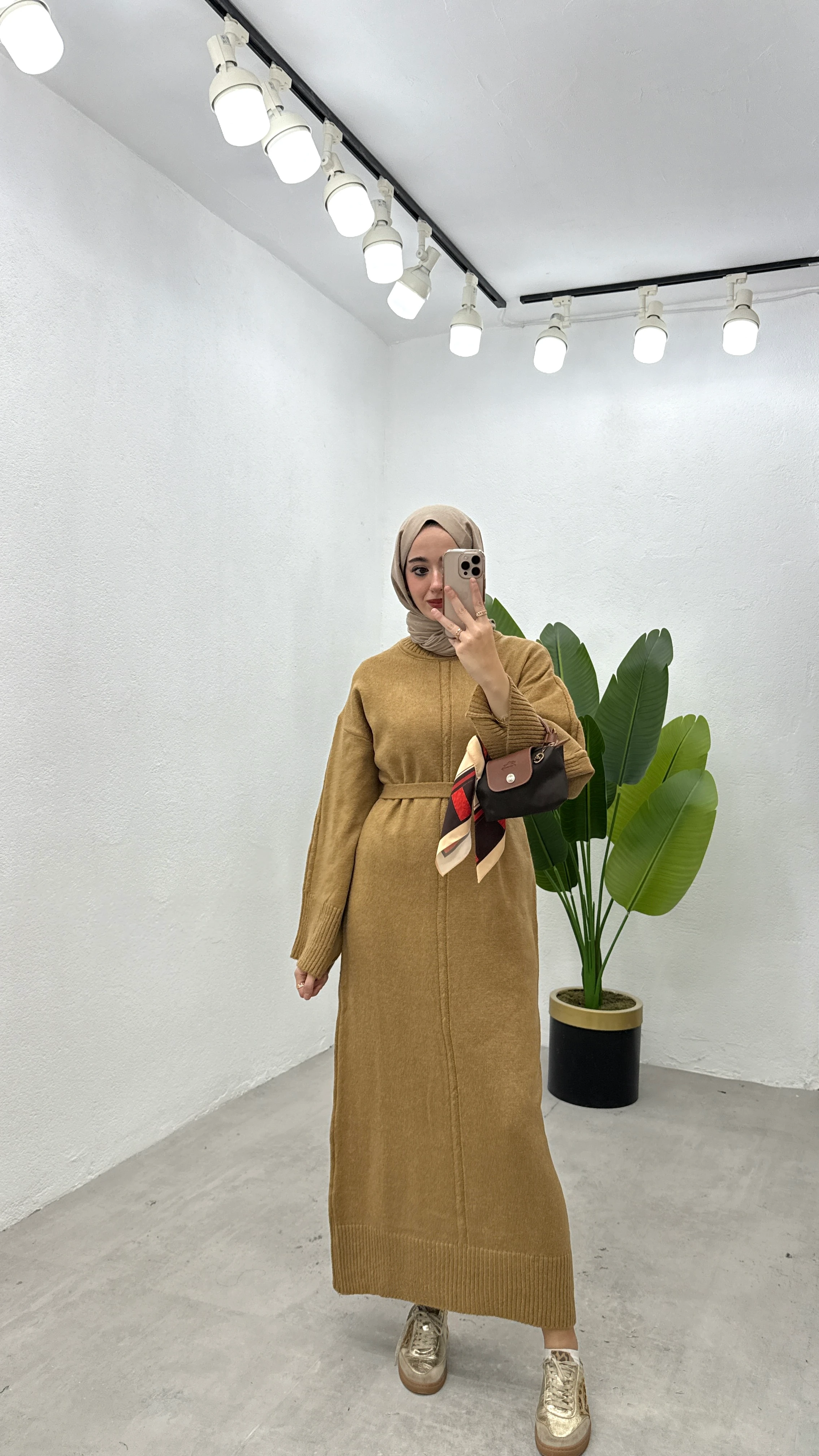 Basic Triko Elbise - Camel