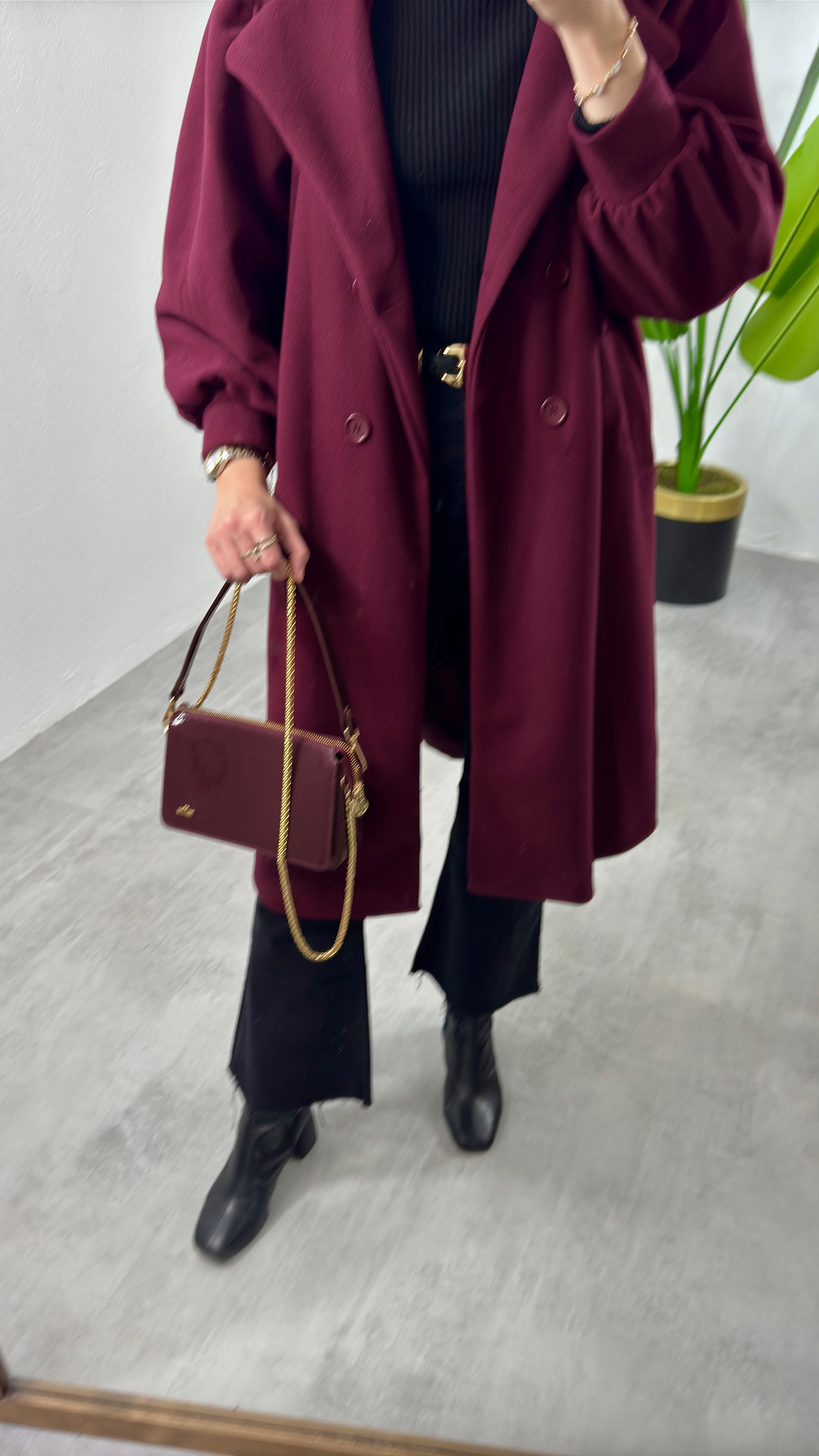 Balon Kol Kaşe Kaban - Bordo