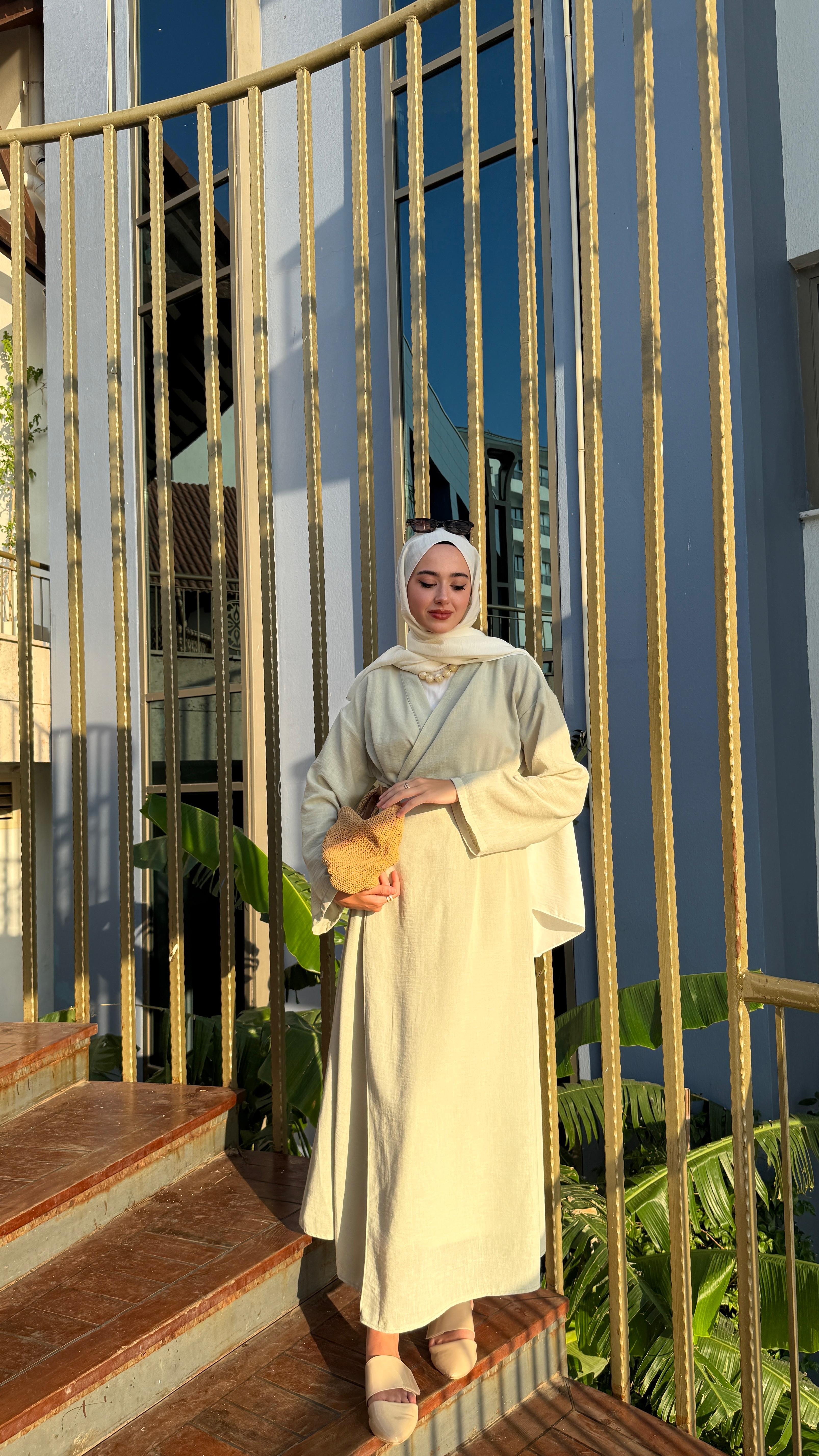 Keten Bağlamalı Abaya - Çağla