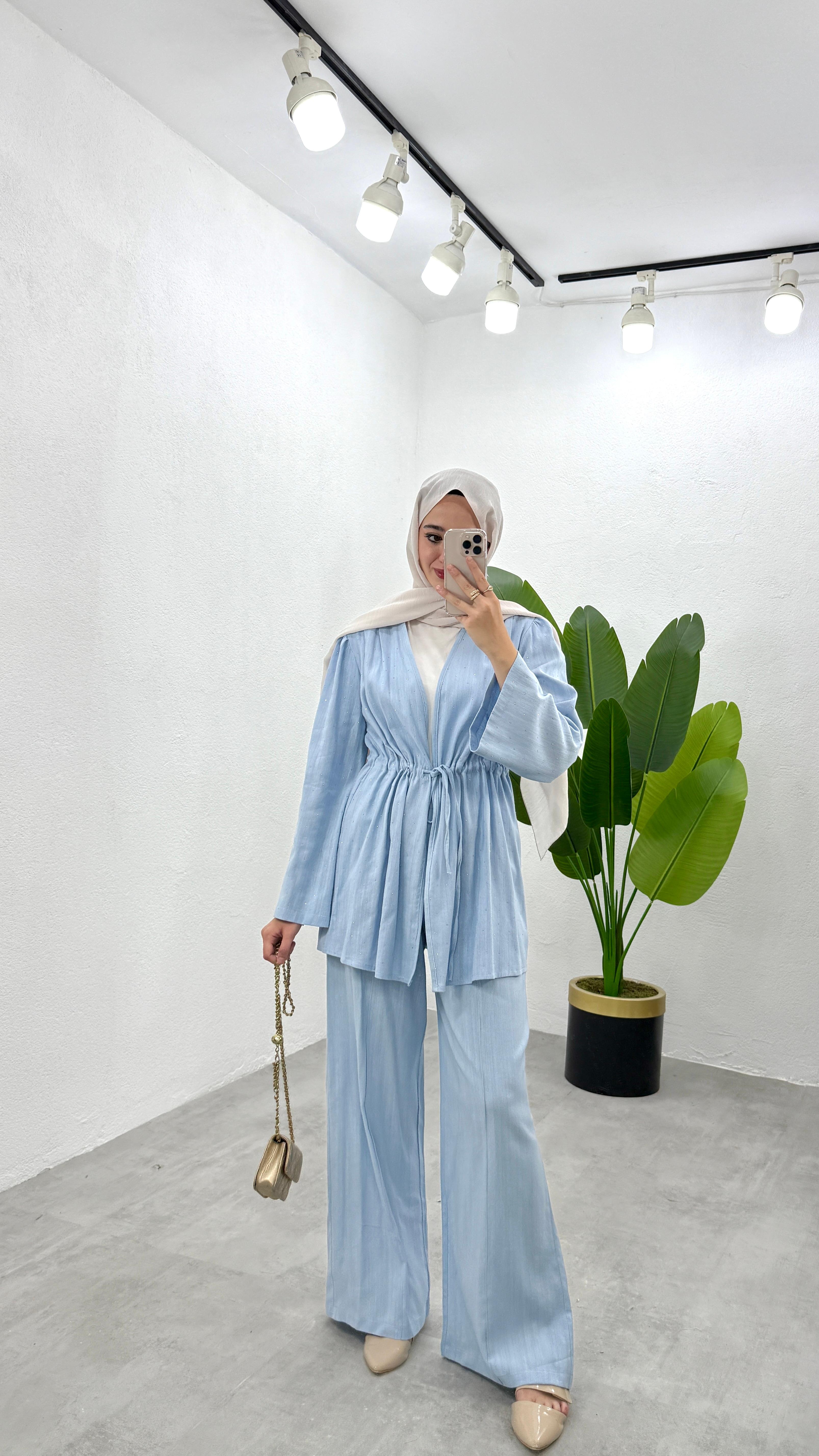 Taşlı Keten Kimono Takım - Mavi