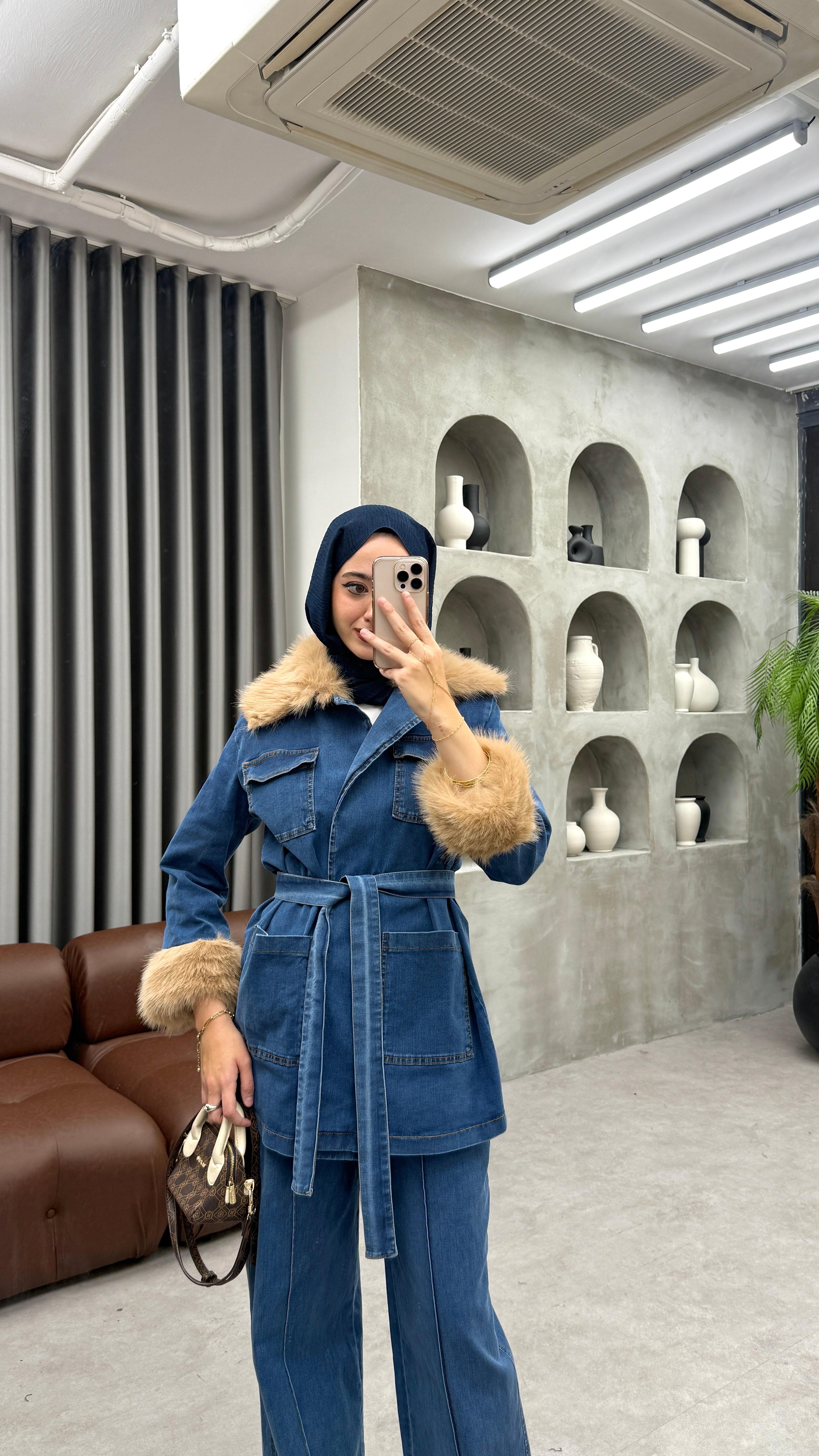 Kürklü Denim Takım