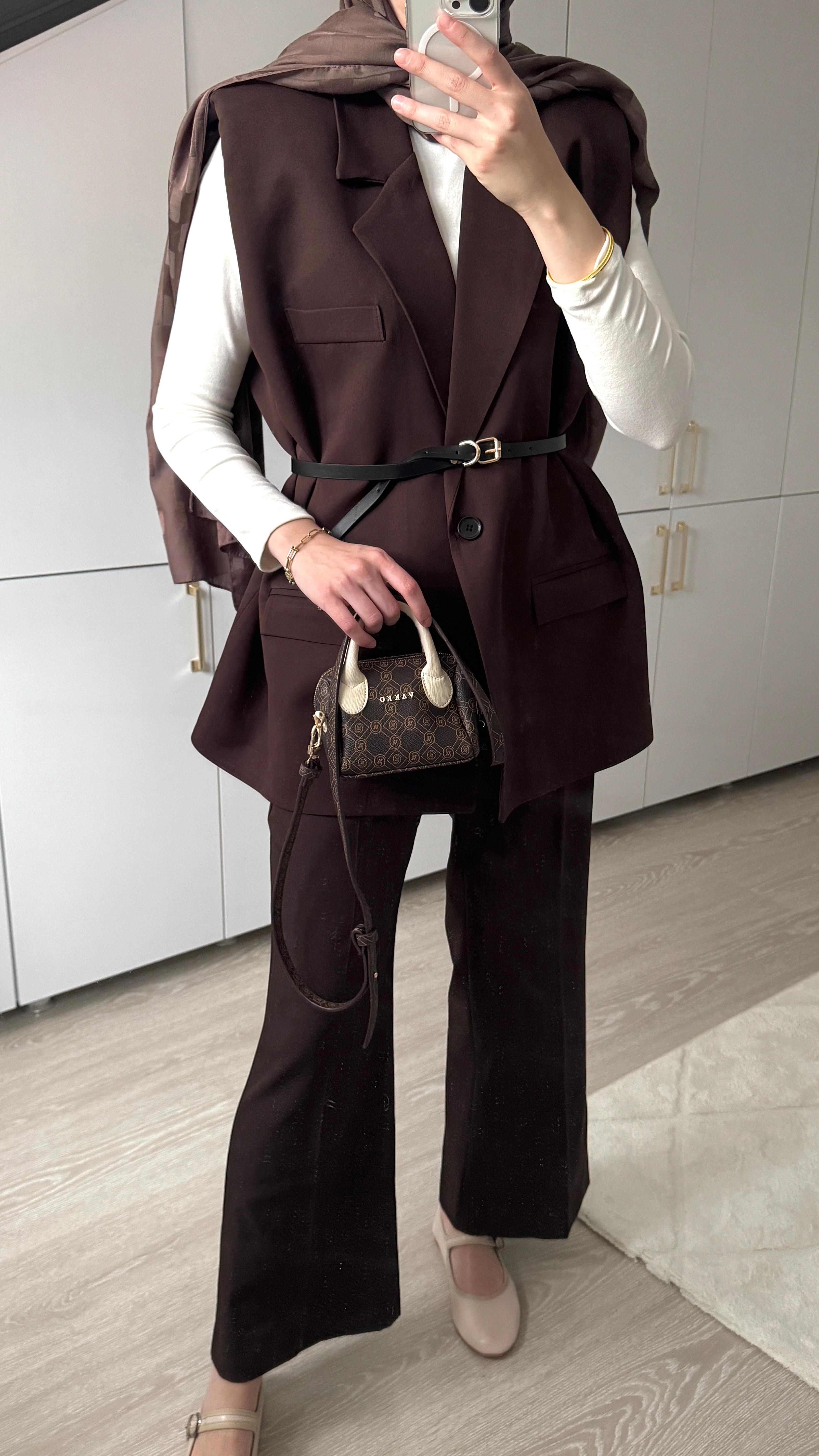 Oversize Kemerli Yelek - Kahve