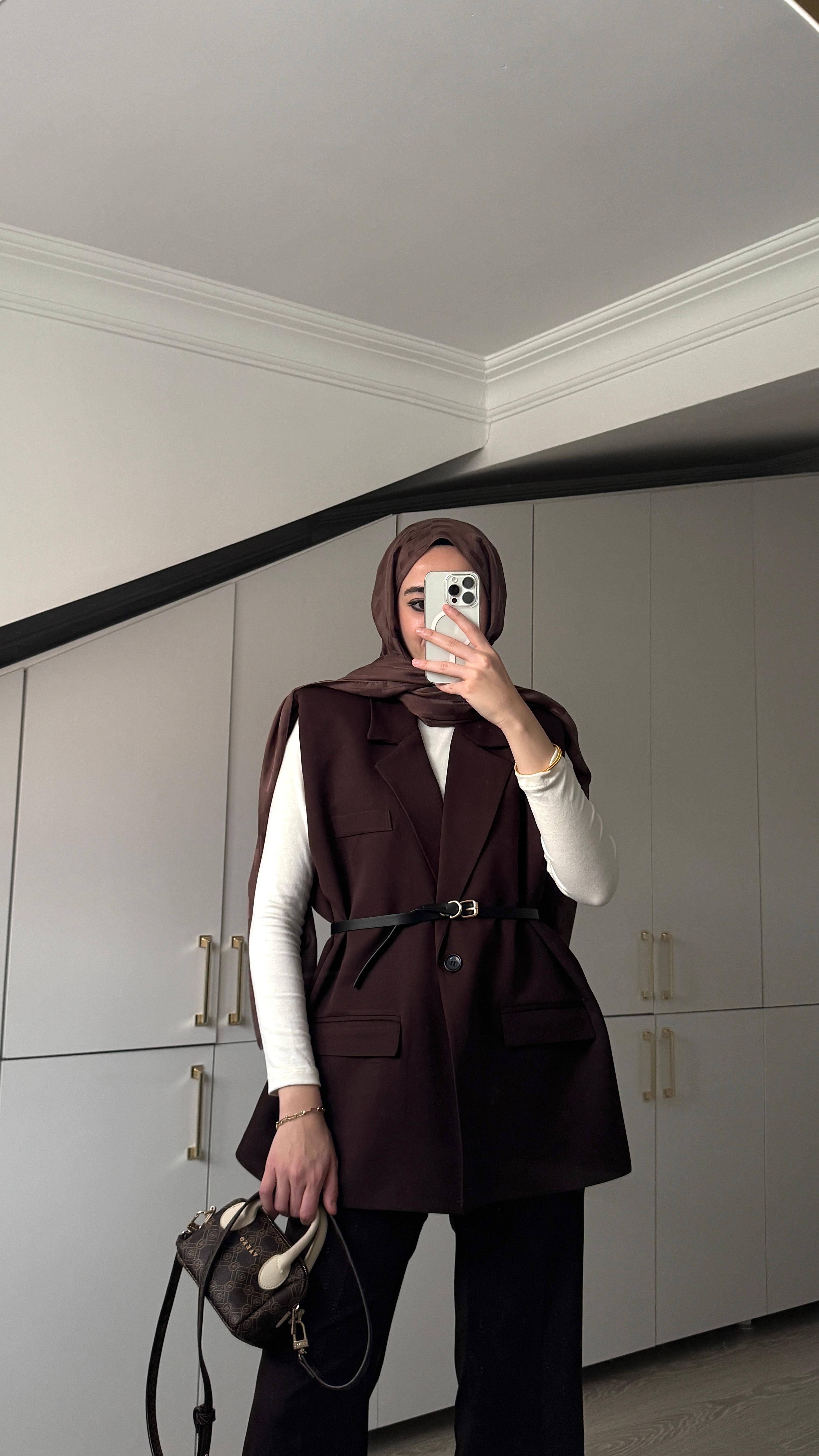 Oversize Kemerli Yelek - Kahve