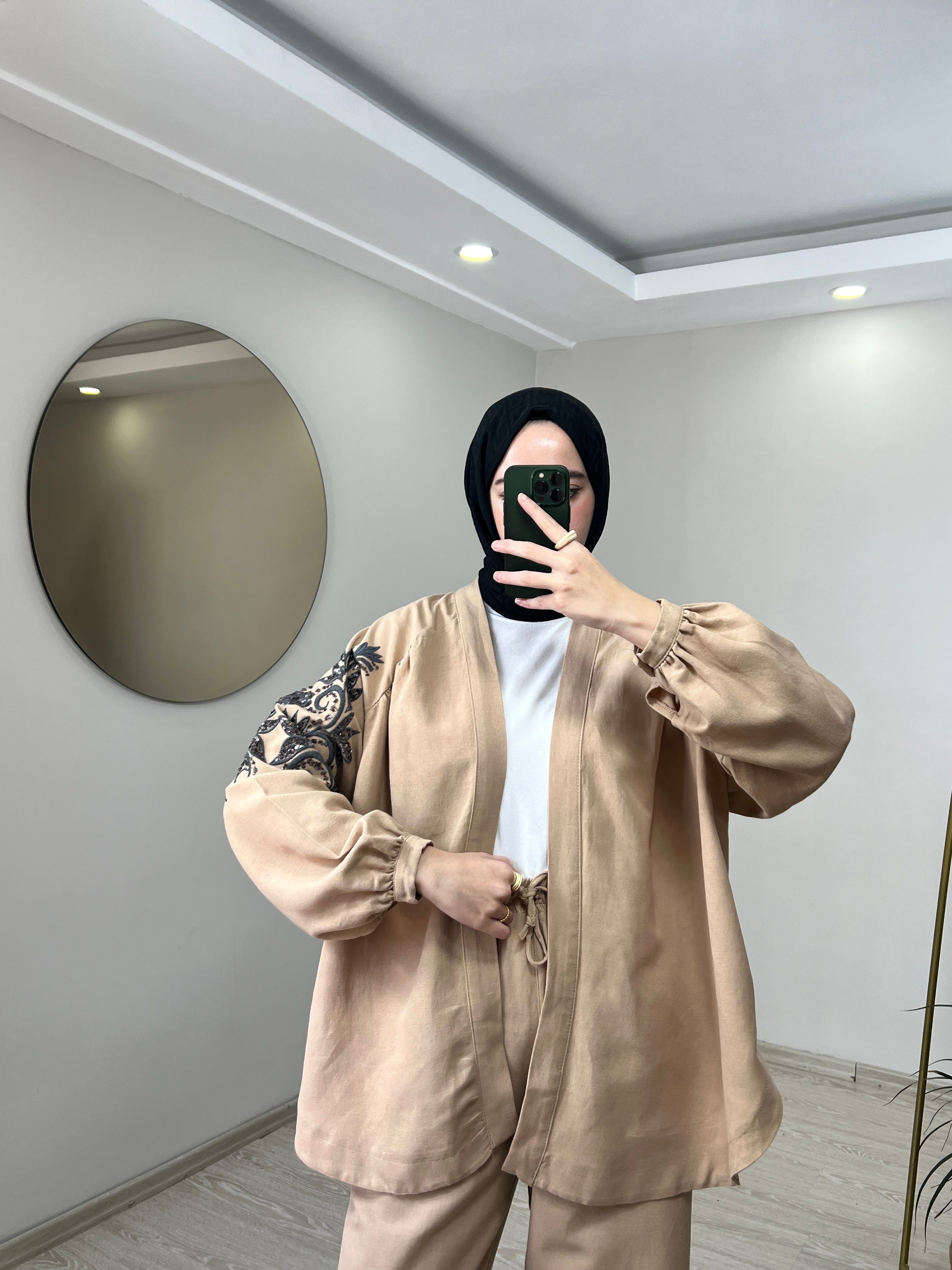 Zambak Desenli Keten Kimono - Camel