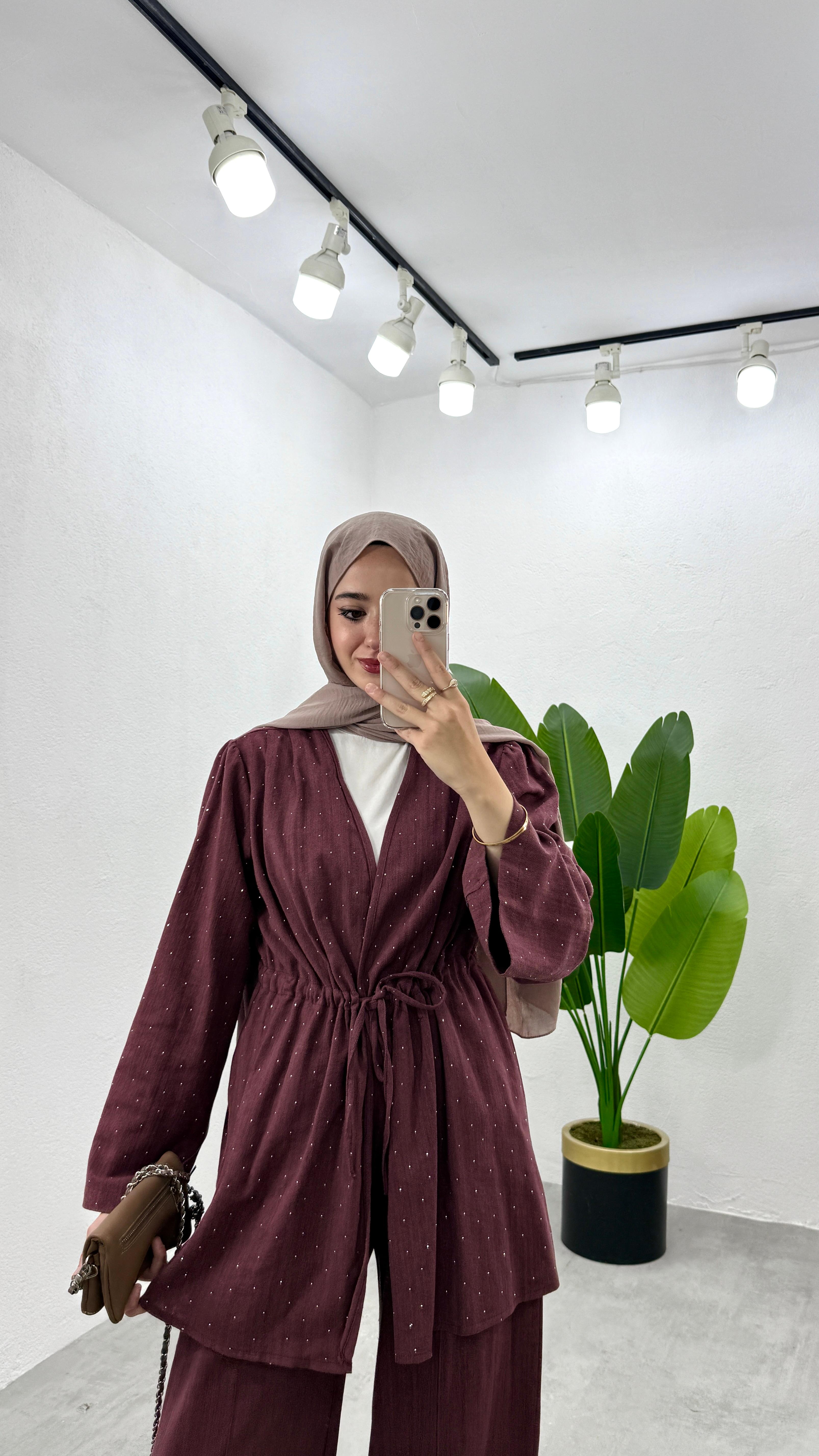 Taşlı Keten Kimono Takım - Mürdüm
