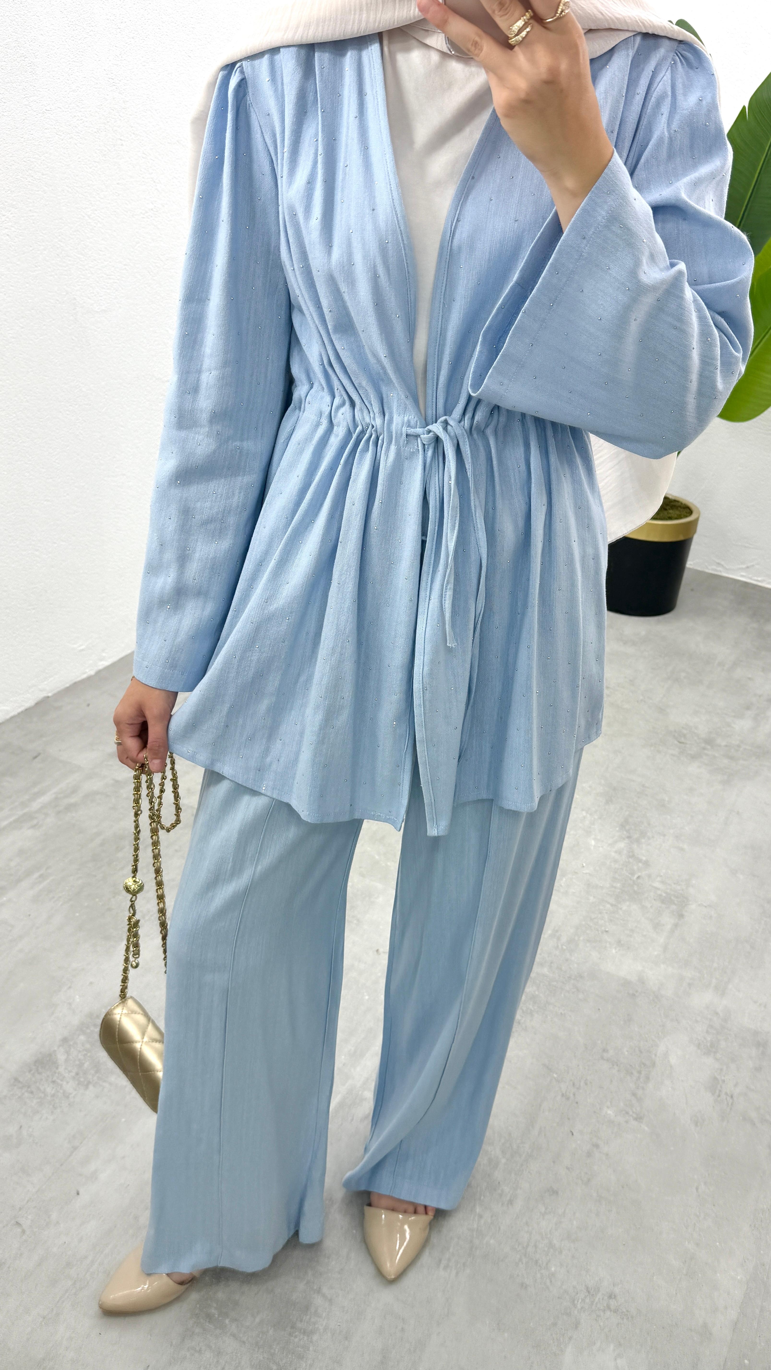 Taşlı Keten Kimono Takım - Mavi