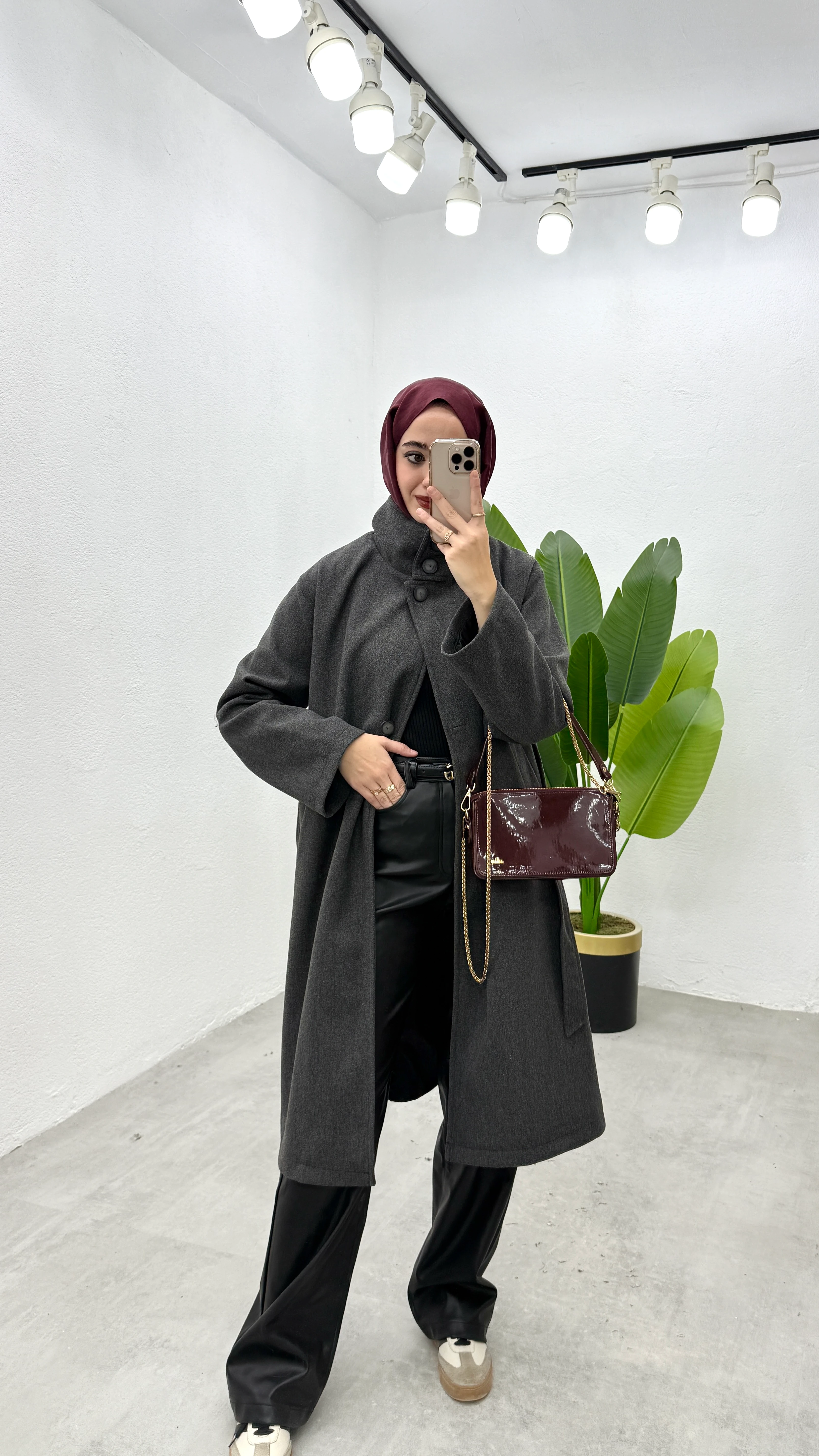 Uzun Dik Yaka Kaşe Kaban - Antrasit