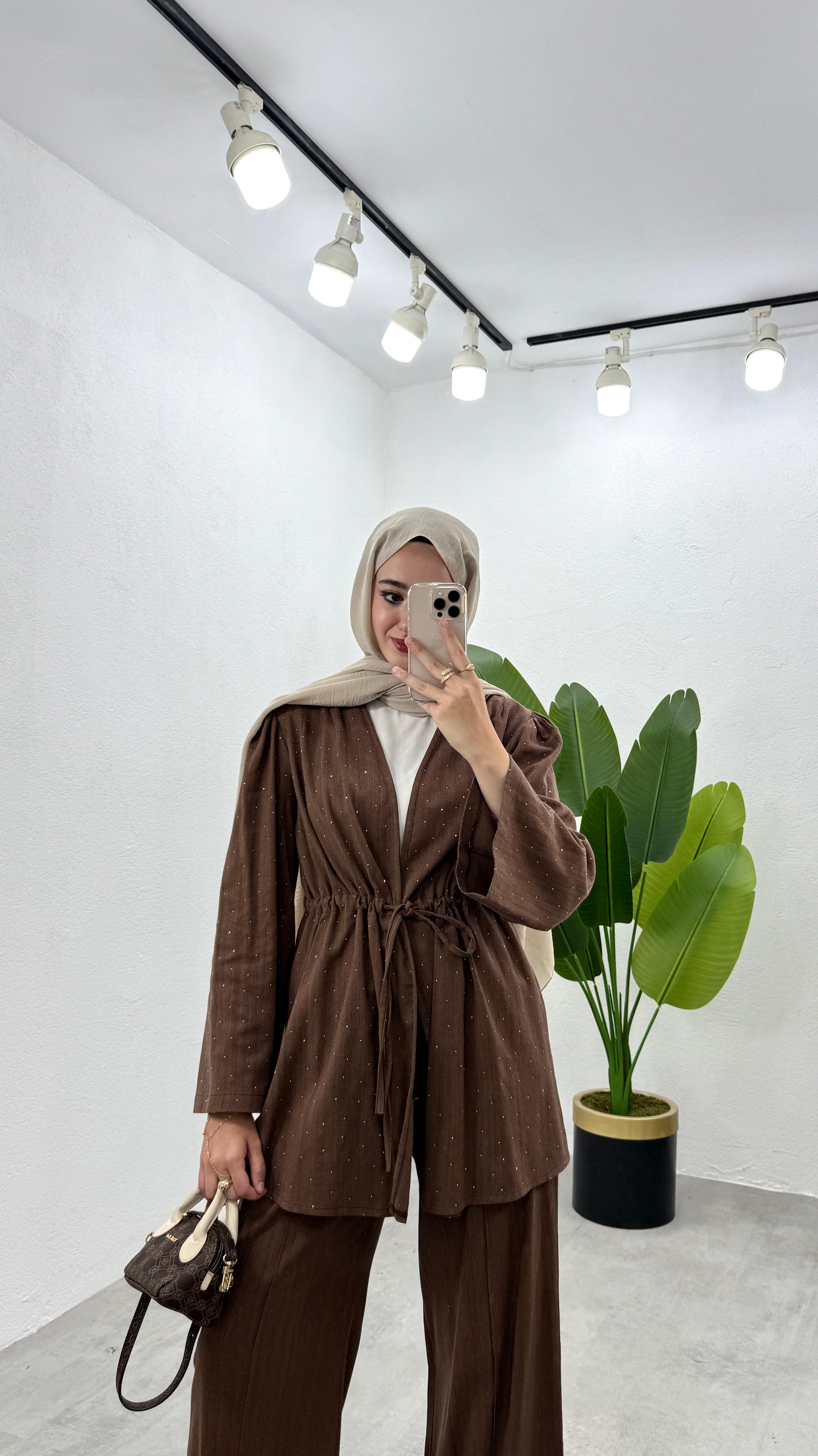 Taşlı Keten Kimono Takım - Kahve