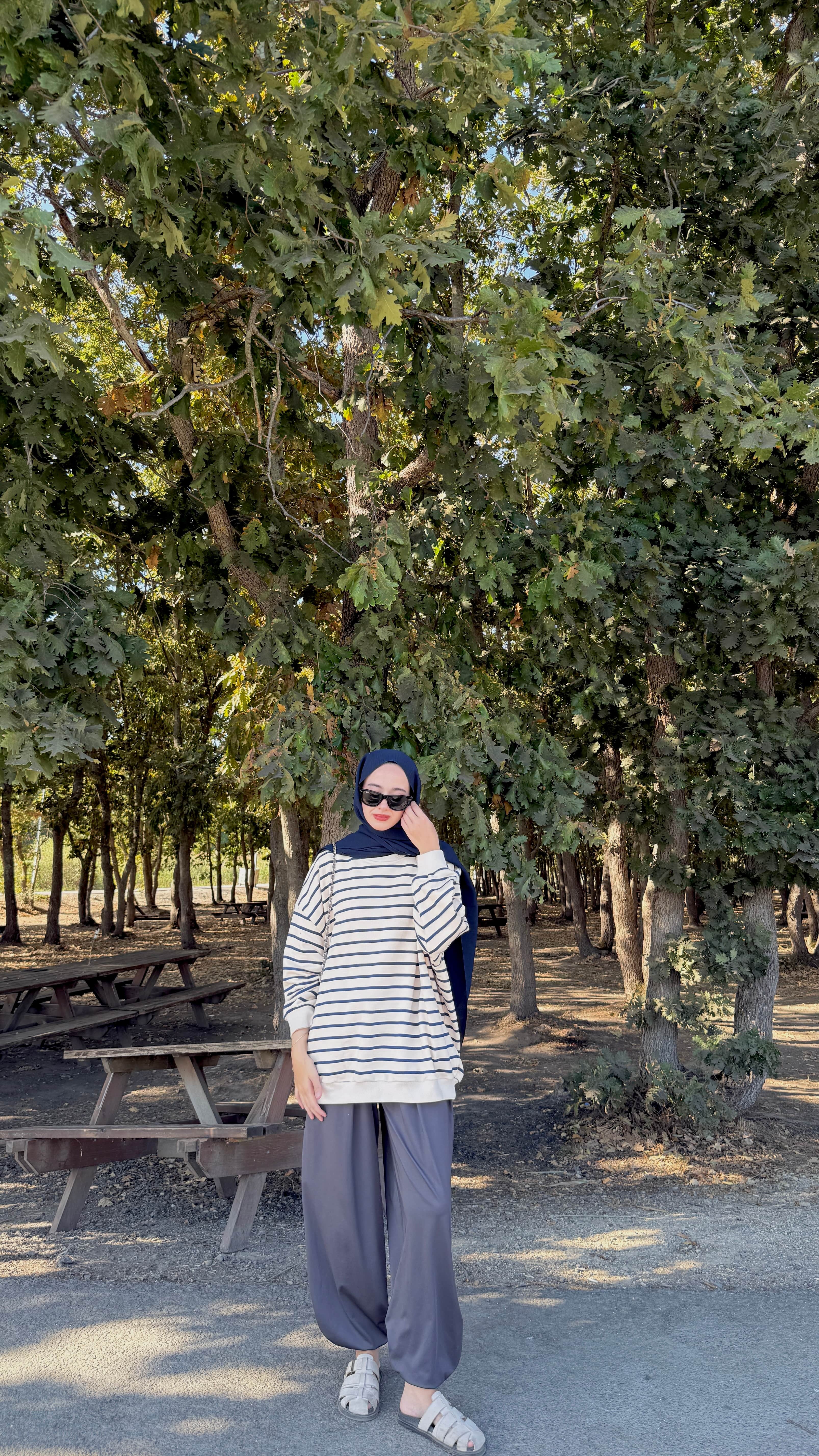 Çizgili Oversize Sweat - Lacivert