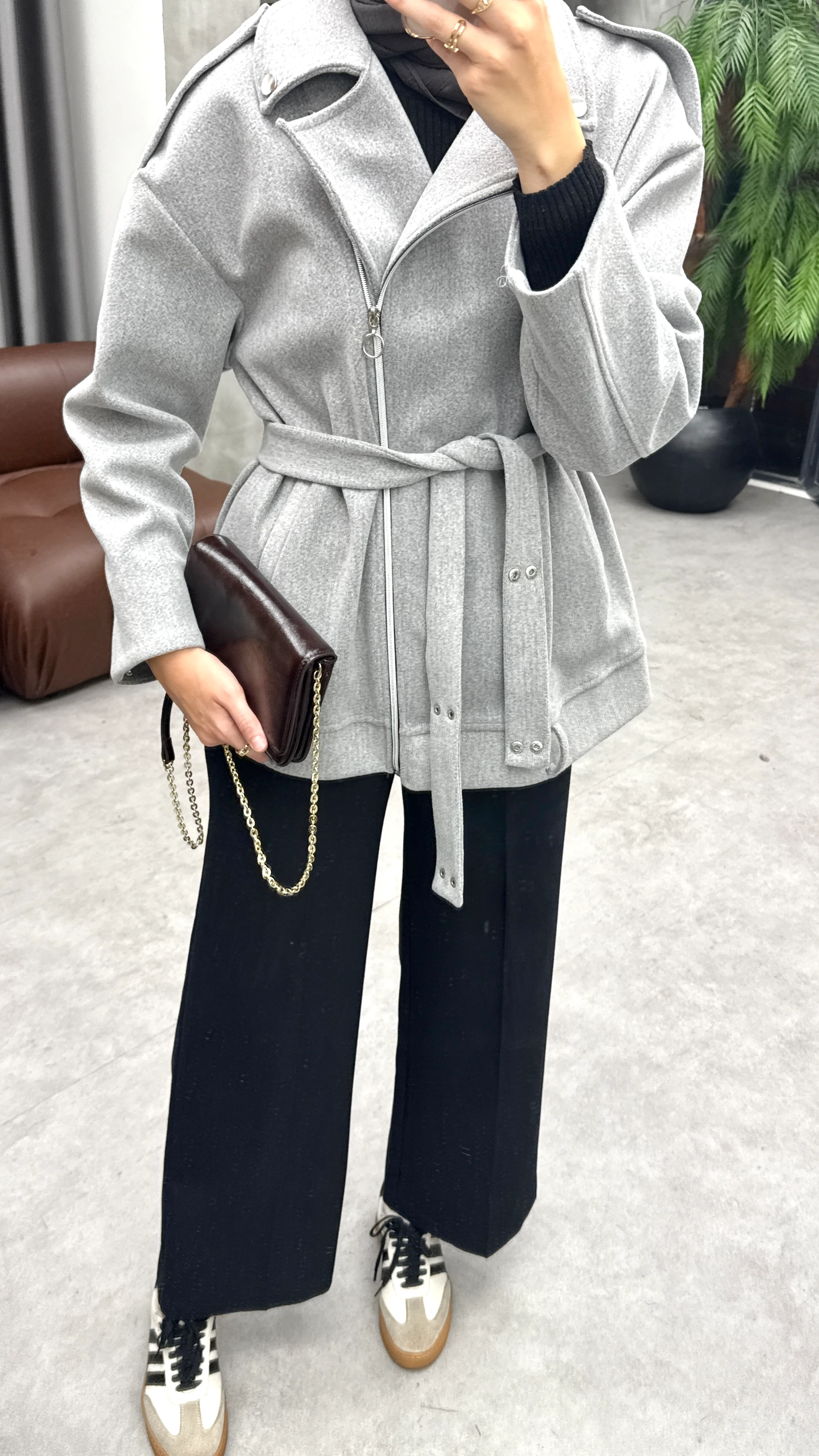 Fermuarlı Kaşe Ceket - Gri