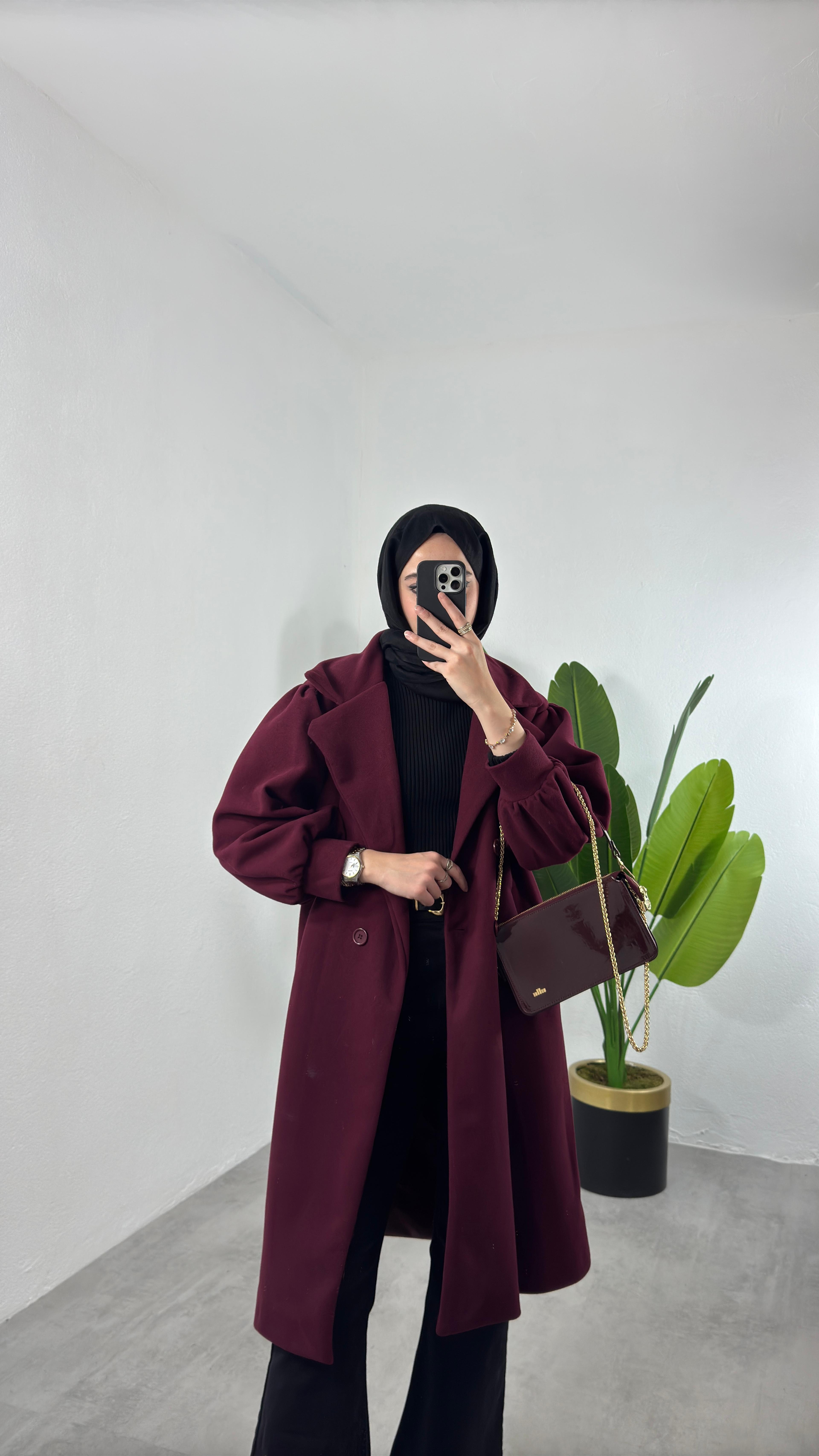 Balon Kol Kaşe Kaban - Bordo