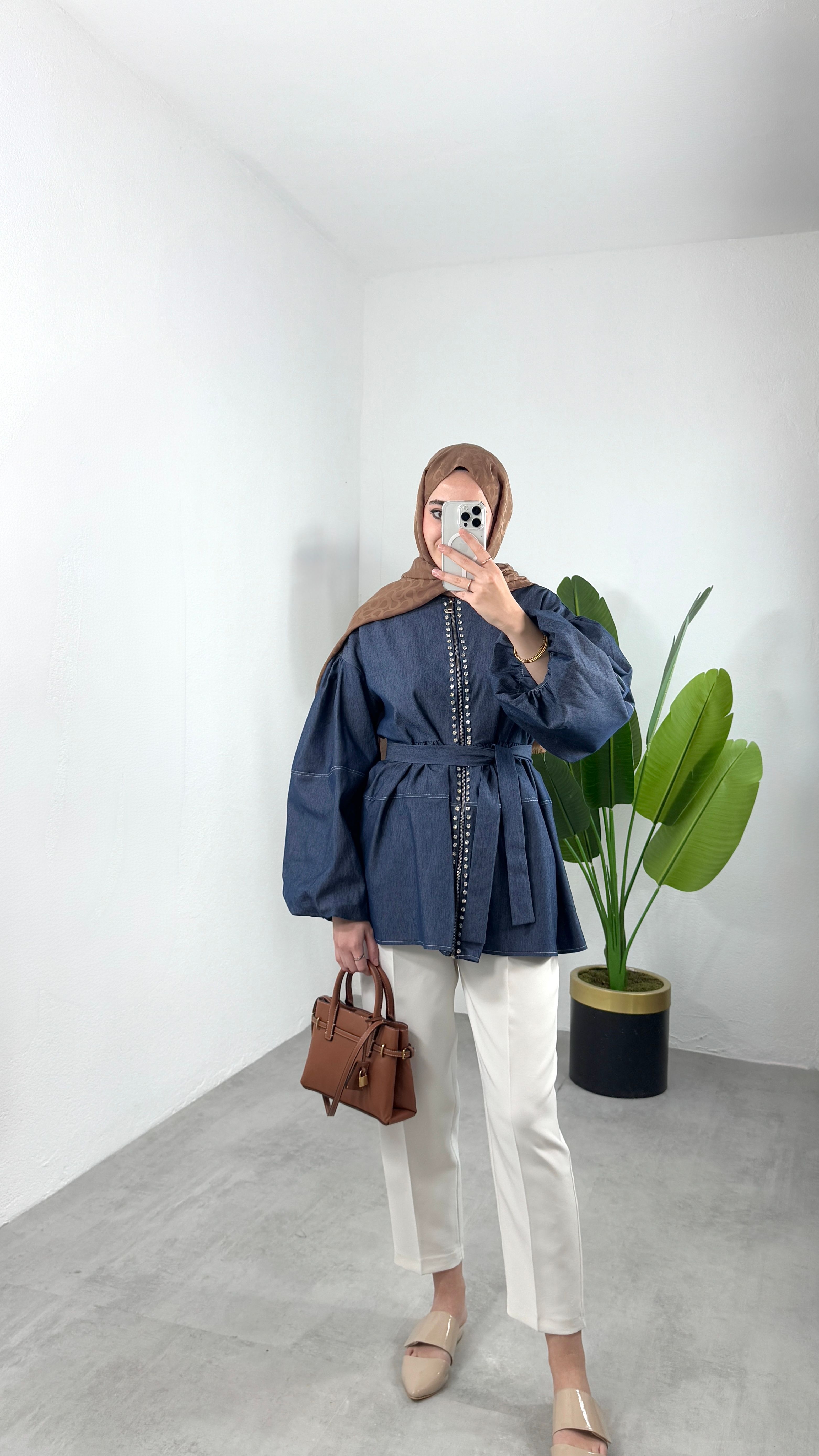 Taşlı Balon Kol Denim Ceket - Açık Kot