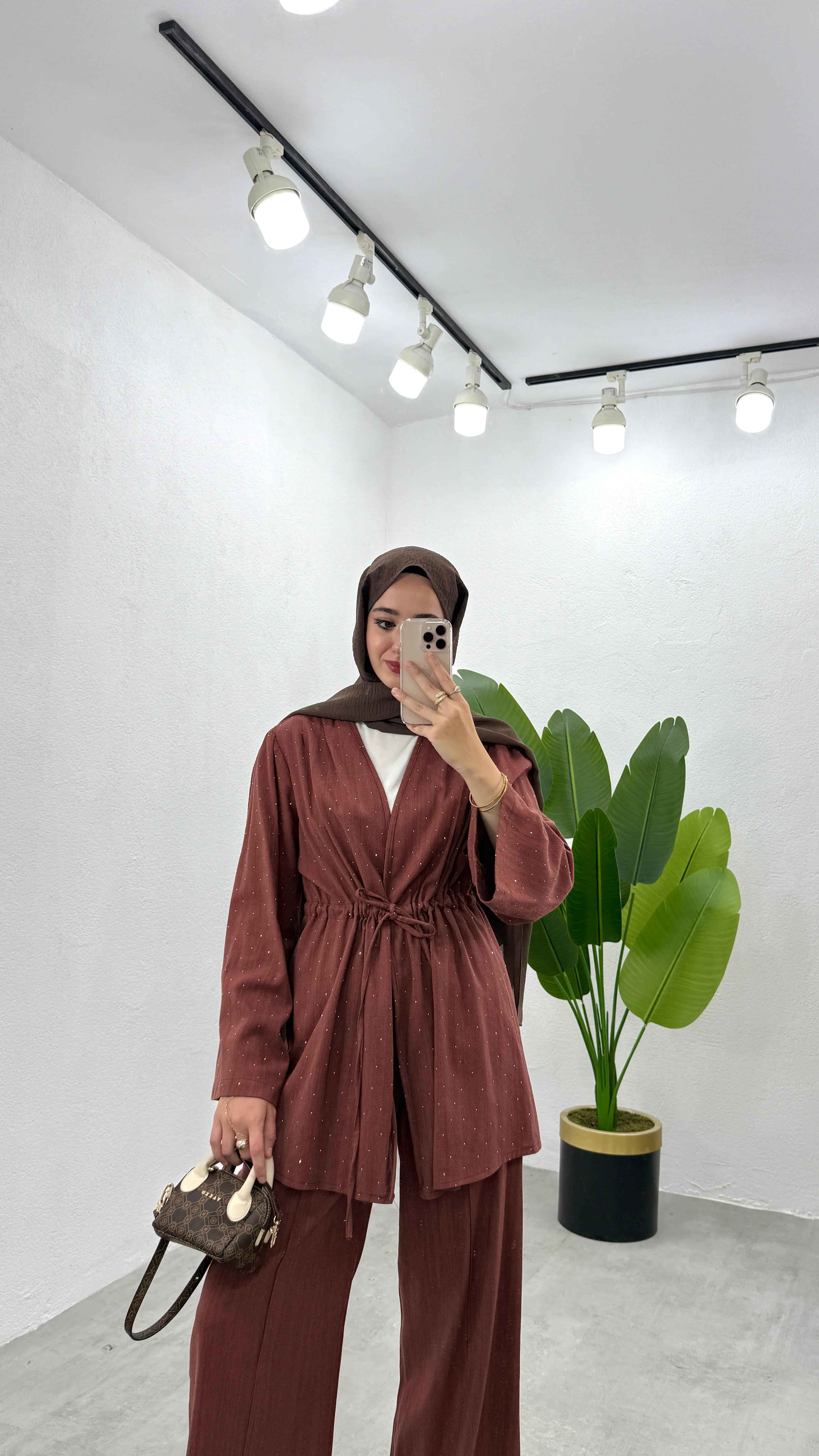 Taşlı Keten Kimono Takım - Kiremit