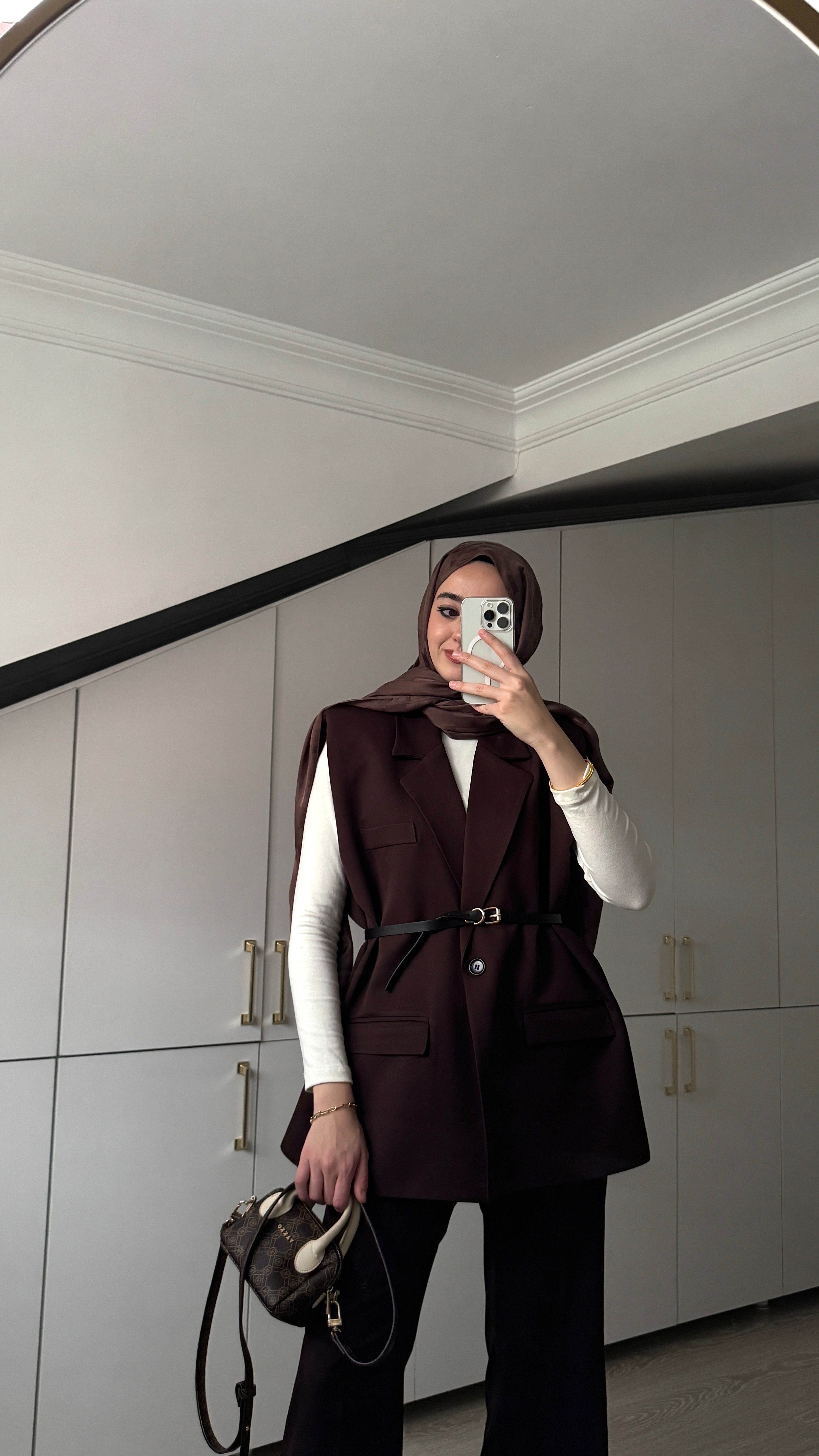 Oversize Kemerli Yelek - Kahve