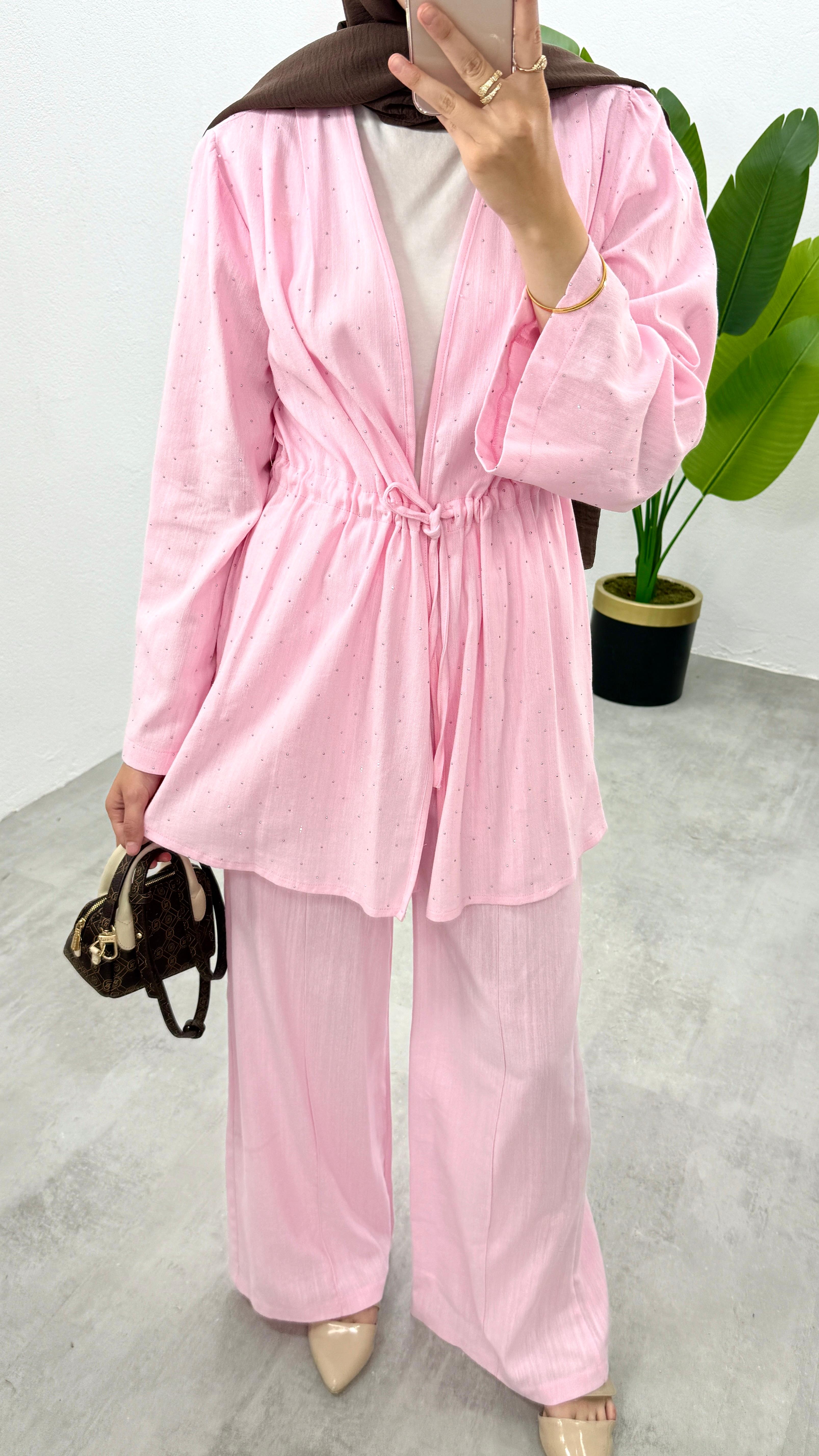 Taşlı Keten Kimono Takım - Pembe