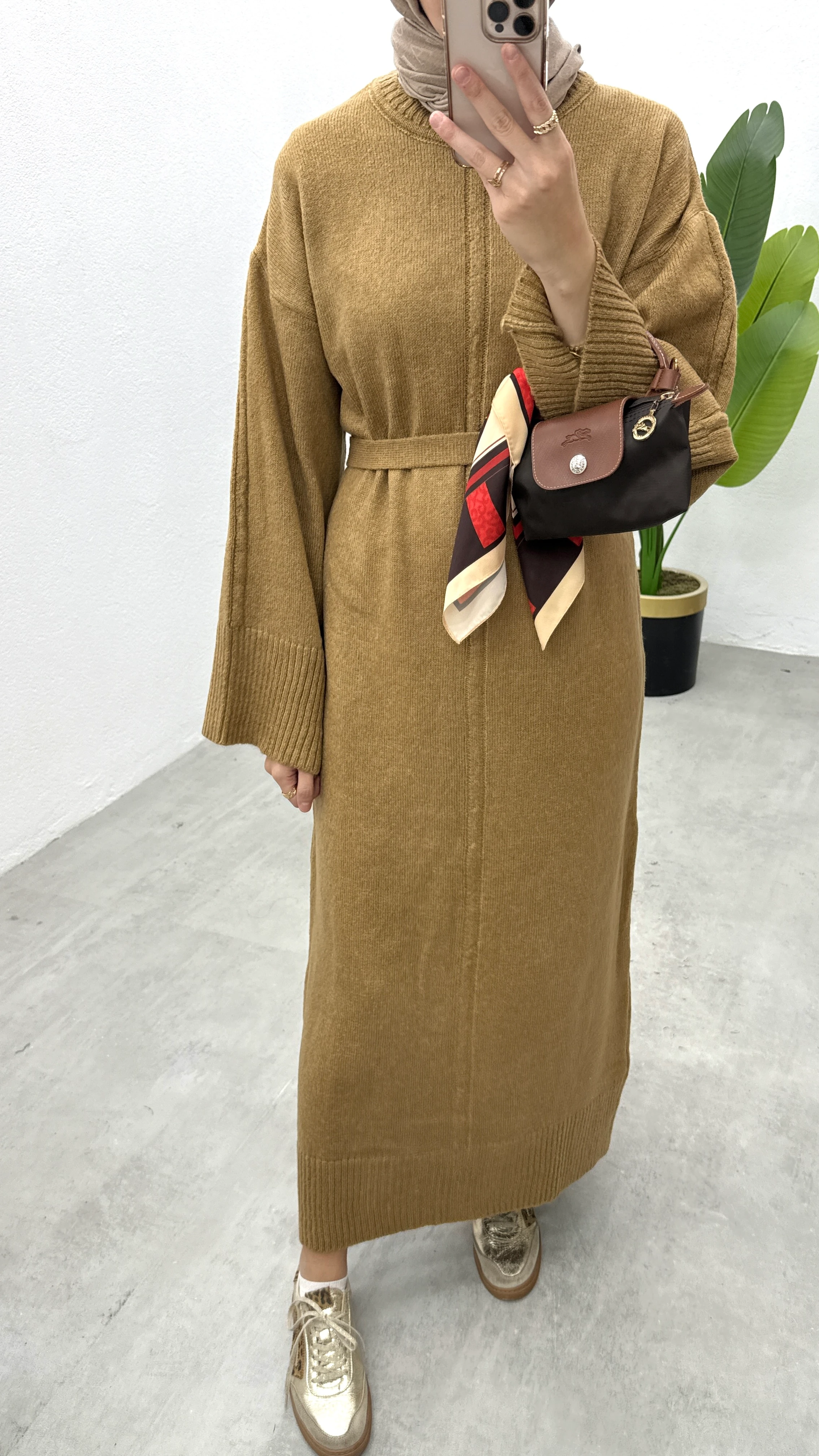 Basic Triko Elbise - Camel