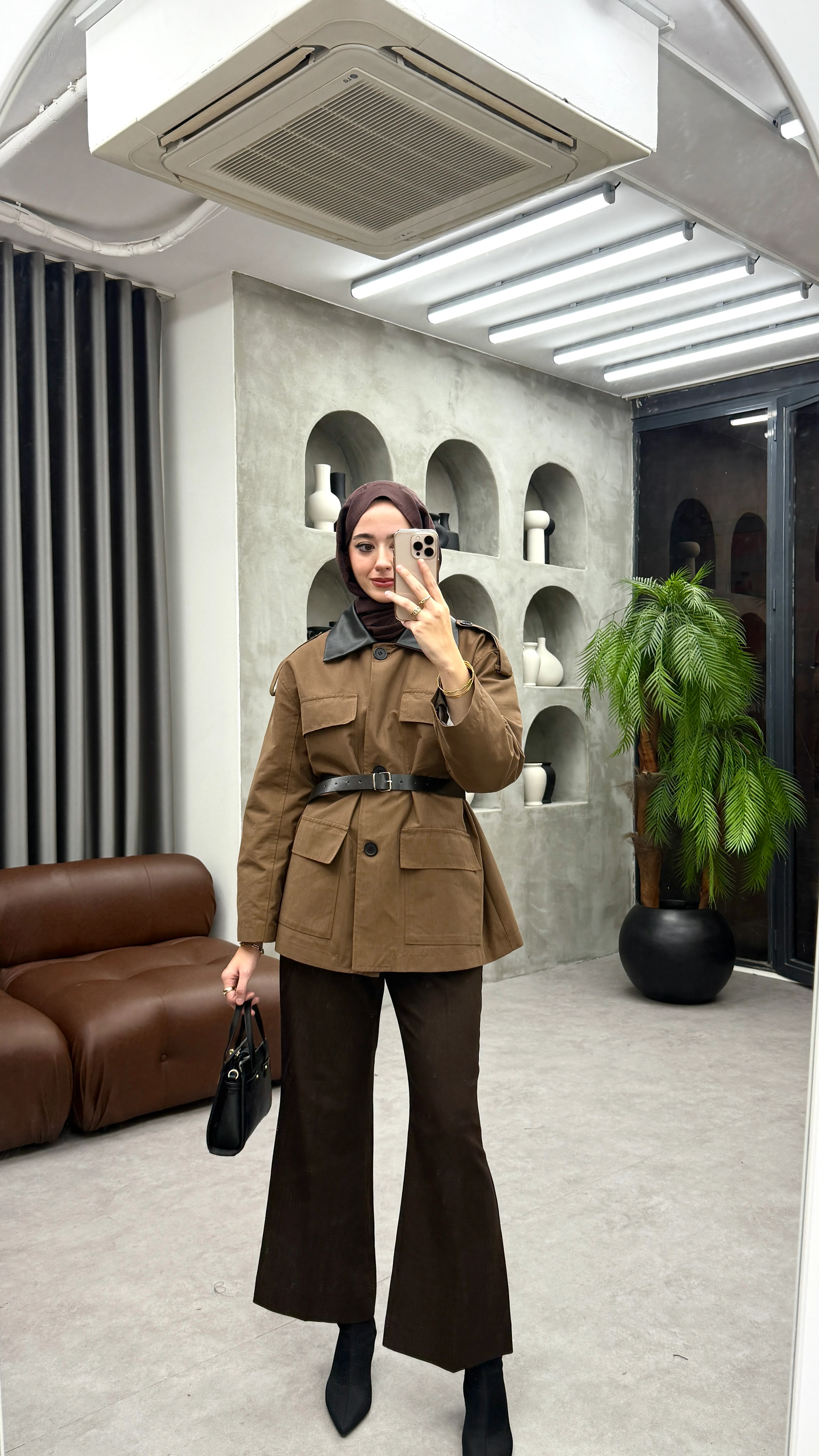 Deri Yakalı Muadil Trenç   - Kahve