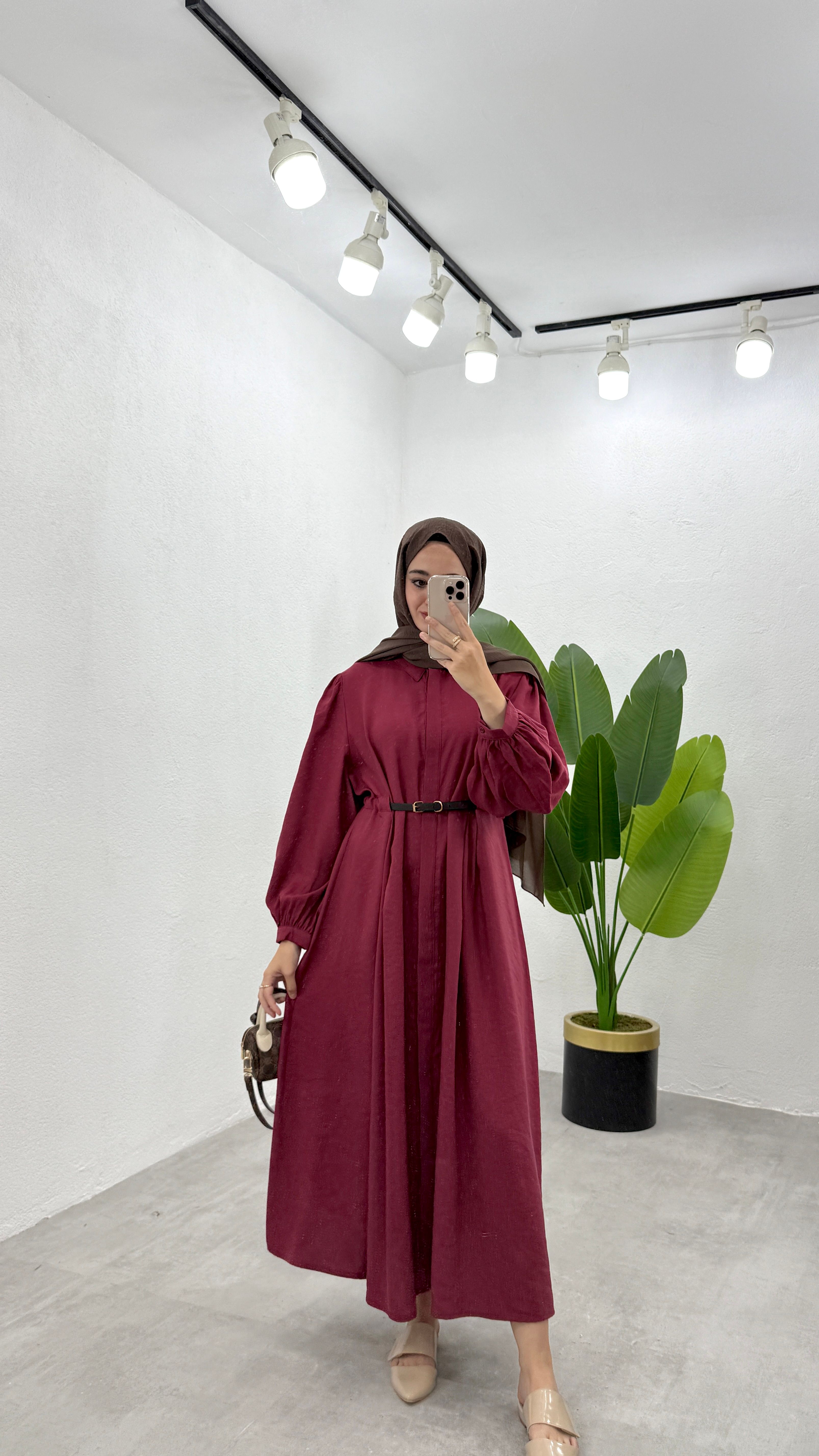 Kemerli LiLi Elbise - Bordo