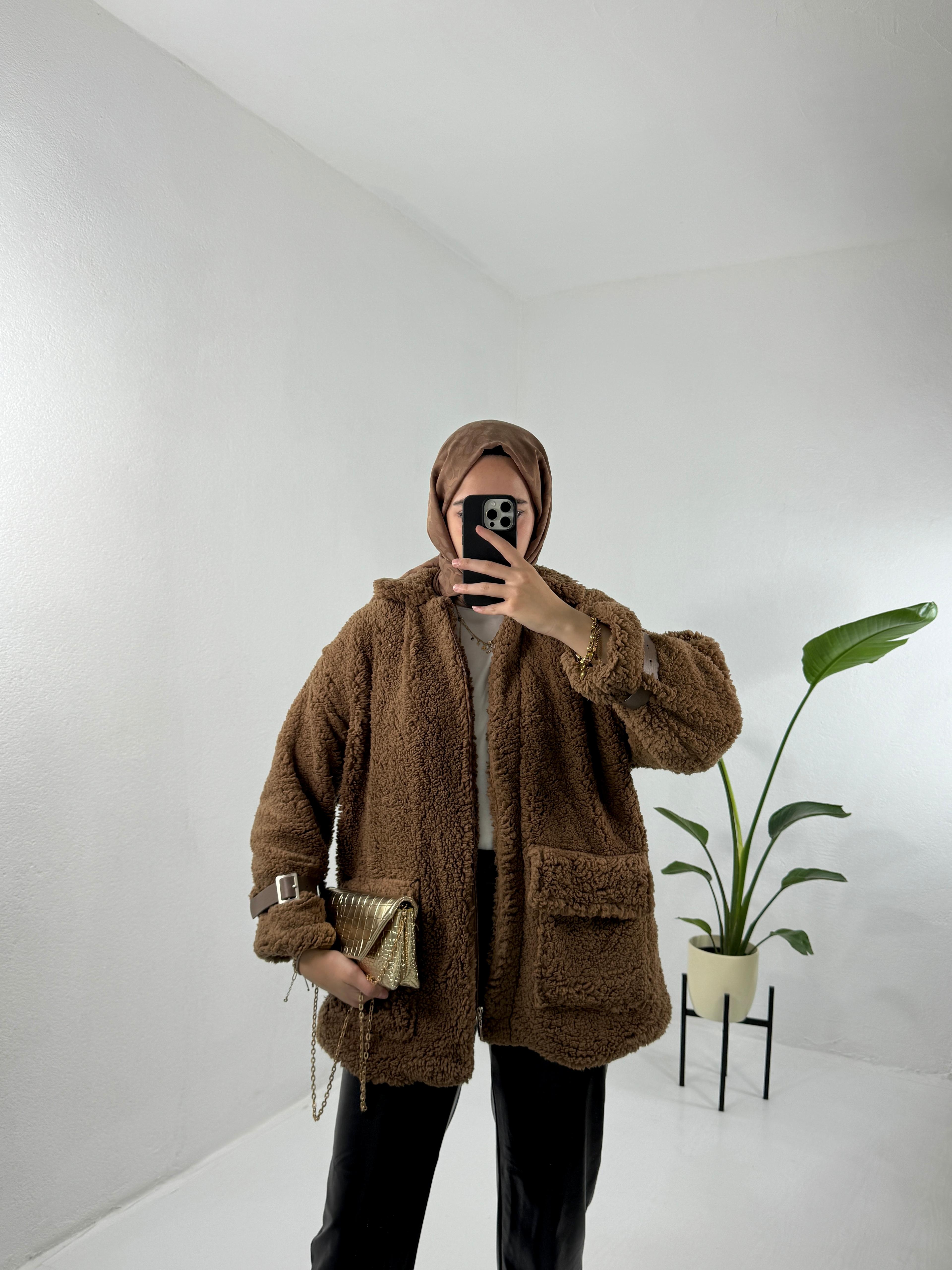 Soft Peluş Ceket Mont - Kahve