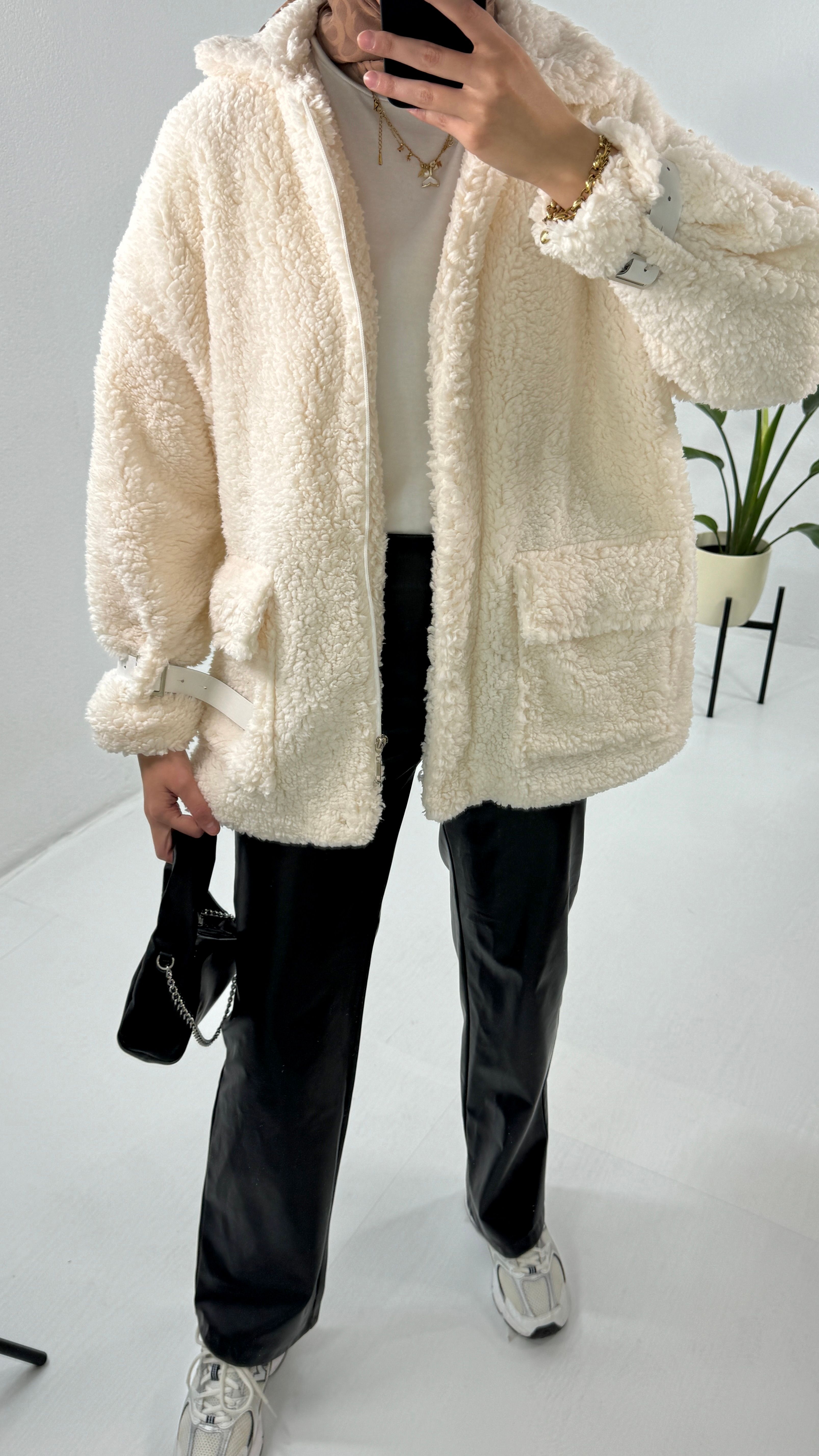 Soft Peluş Ceket Mont - Ekru